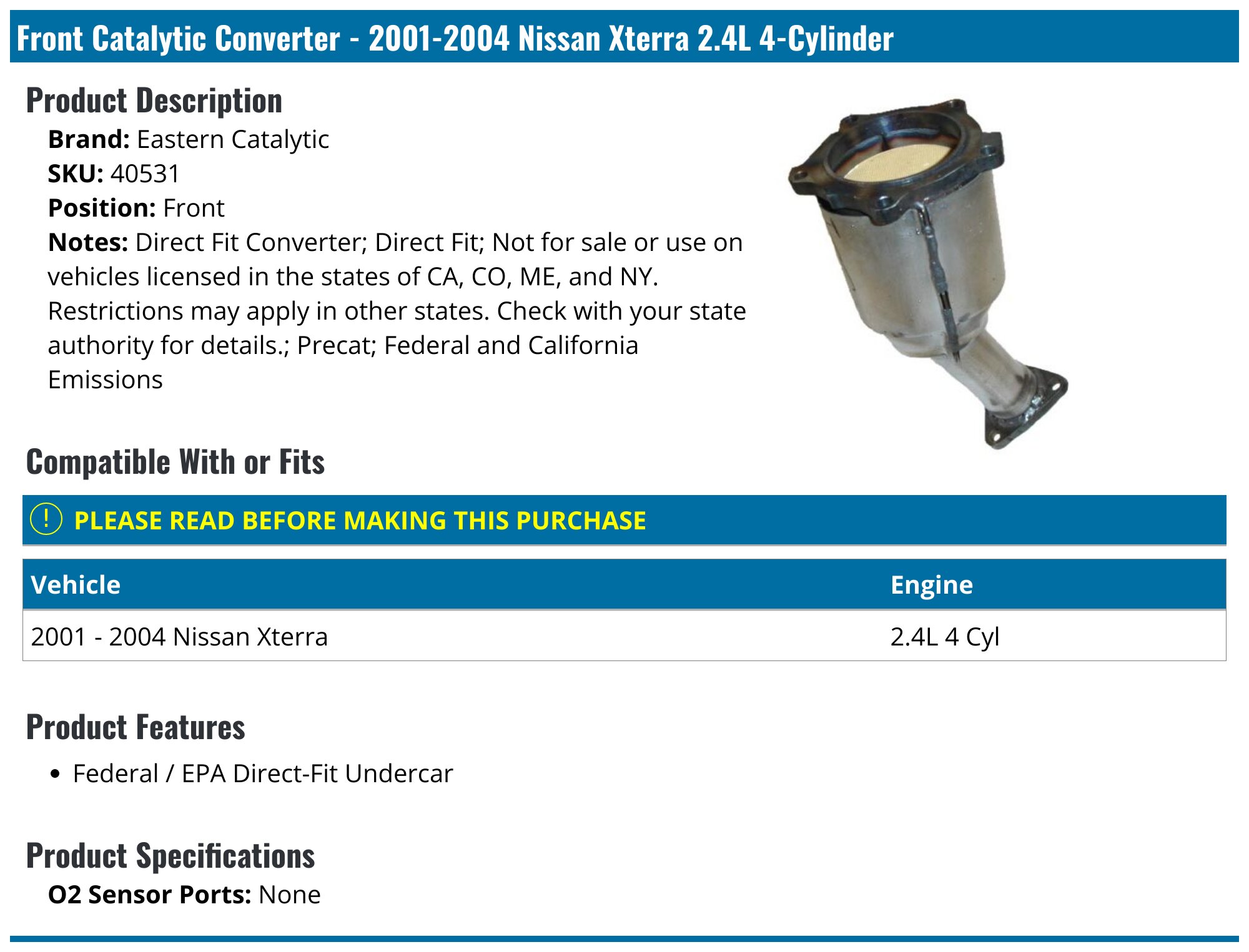 2001-2004 Nissan Xterra Catalytic Converter - Eastern Catalytic