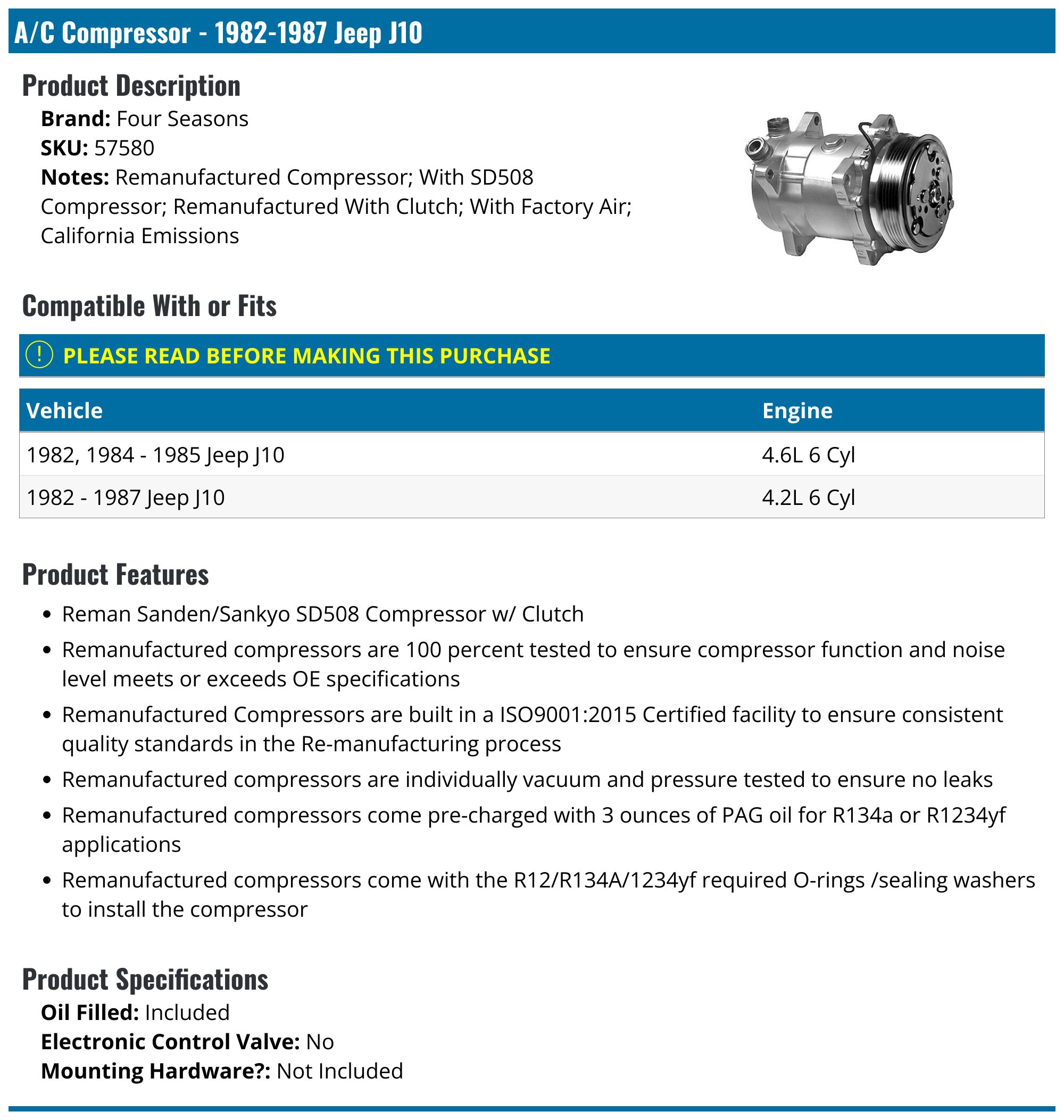 1982-1987 Jeep J10 A/C Compressor - Four Seasons 57580 - PartsGeek.com
