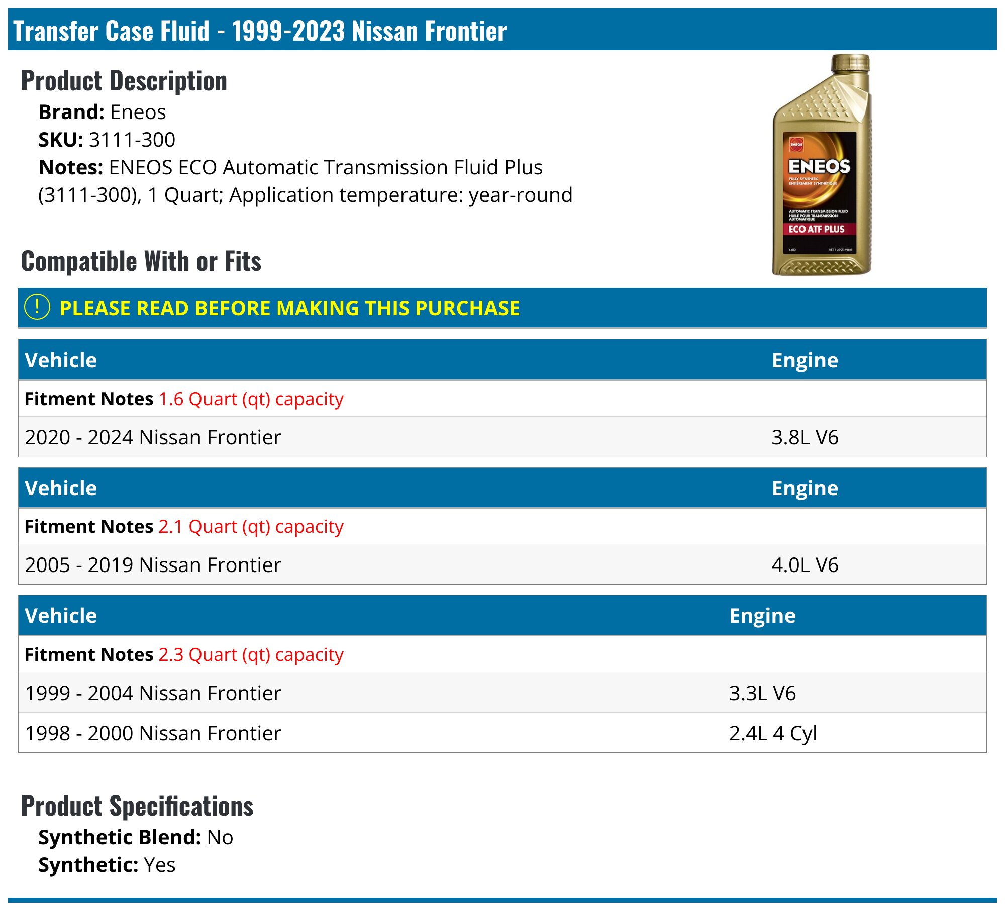 2002 Nissan Frontier Oil Type