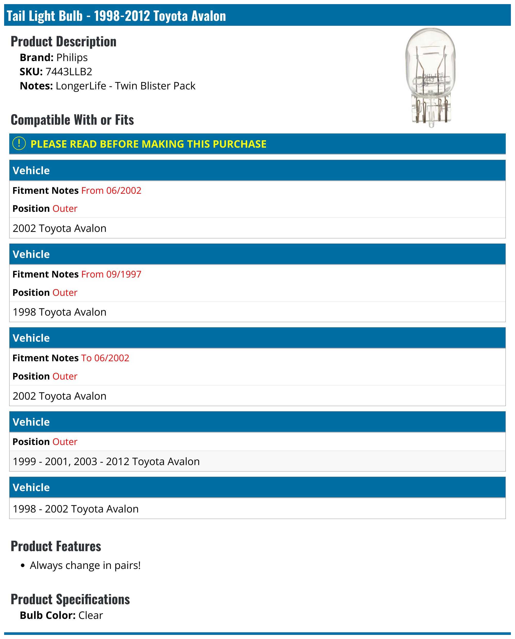 1998-2012 Toyota Avalon Tail Light Bulb - Philips 7443LLB2 - PartsGeek.com