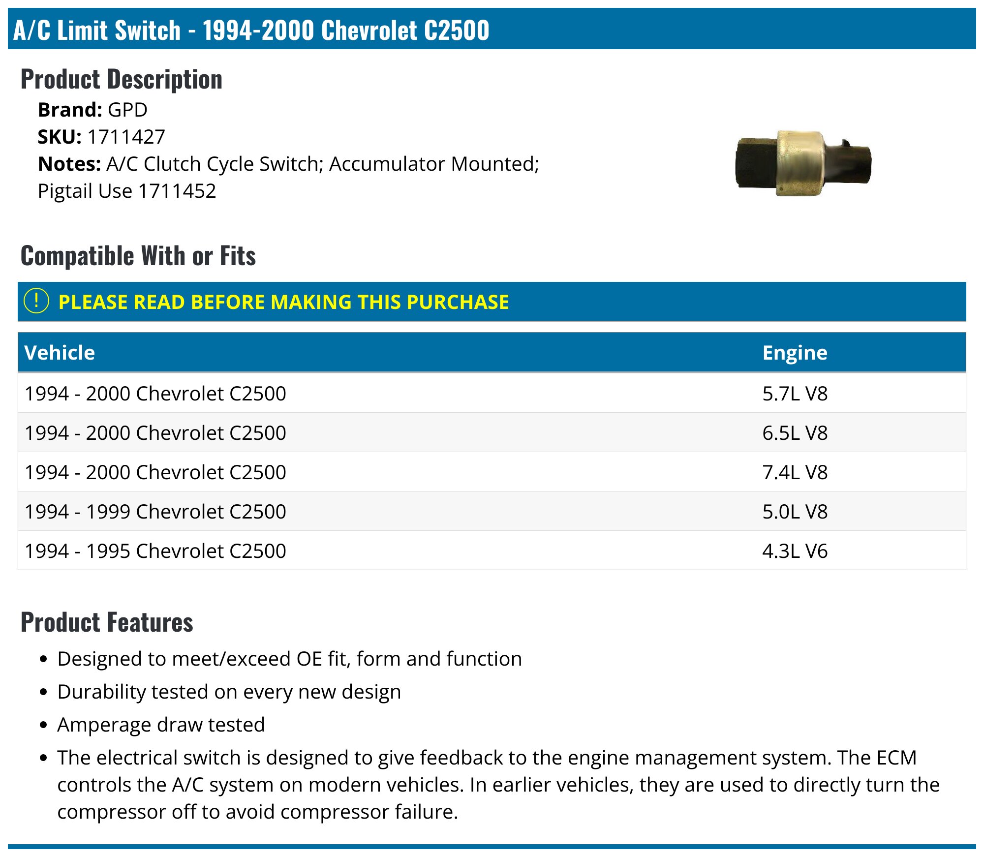 1994-2000 Chevrolet C2500 A/C Limit Switch - GPD 1711427 - - PartsGeek.com