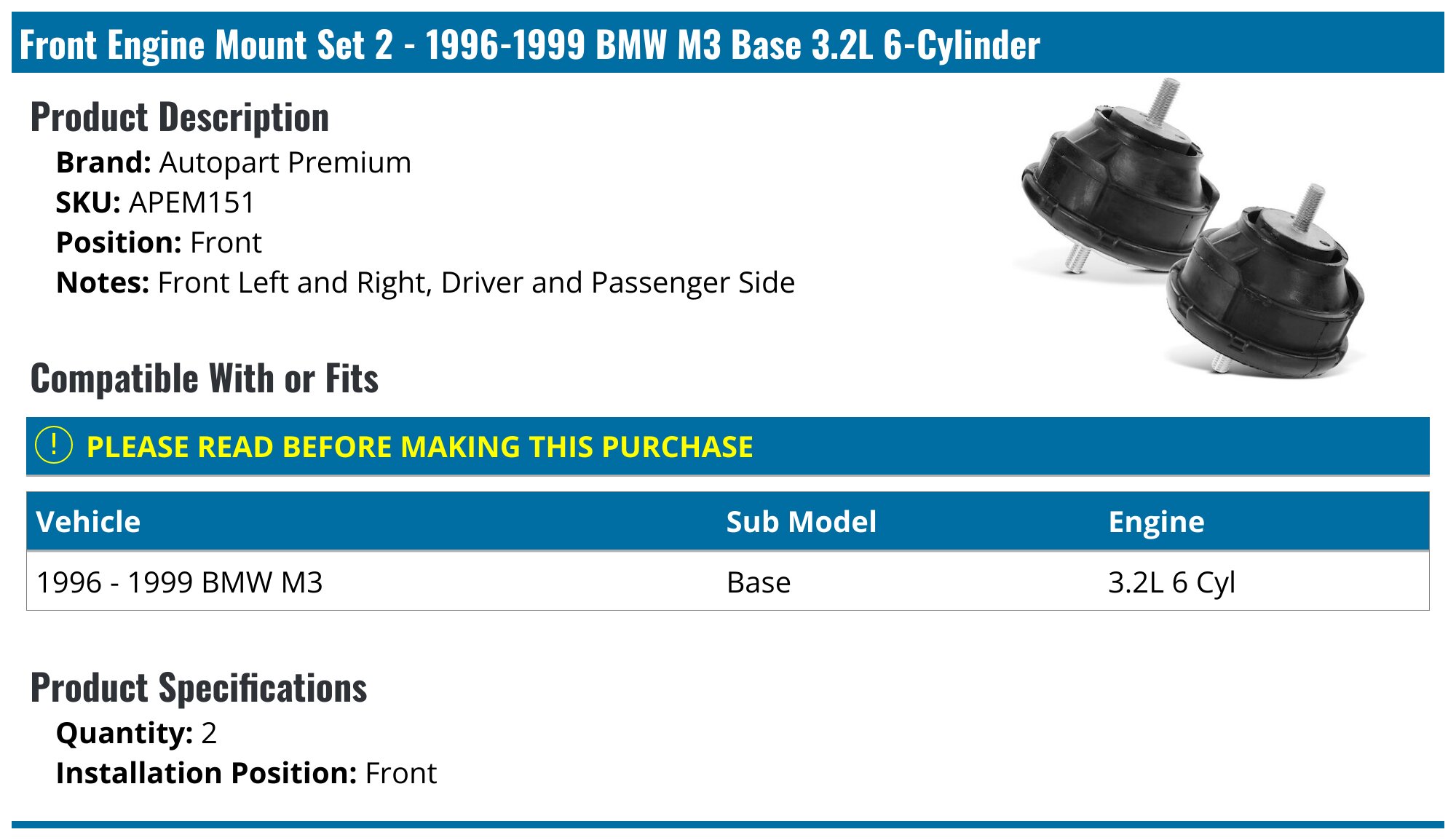 1996-1999 BMW M3 Engine Mount - Autopart Premium APEM151 - Front ...