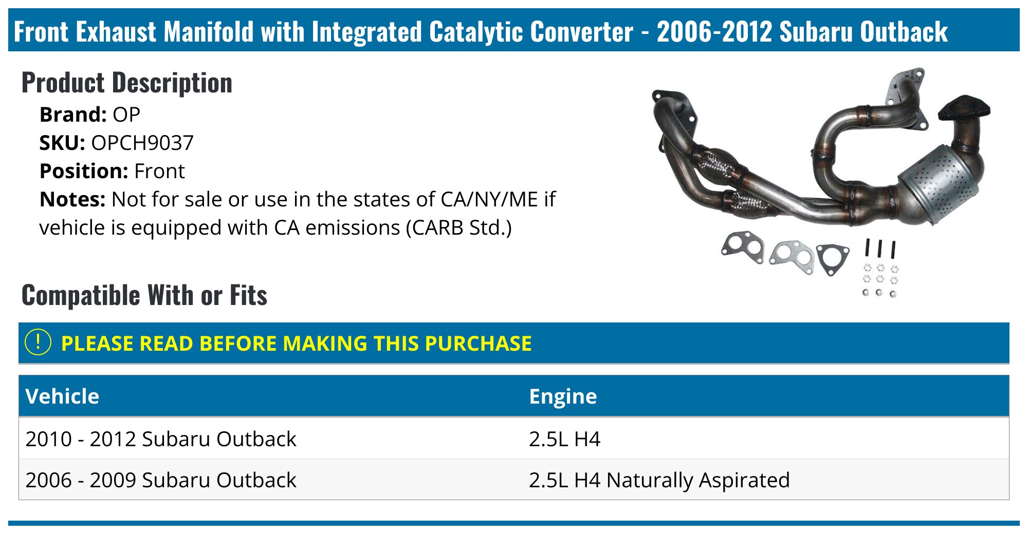 EPA Compliant Rear Catalytic Converter For 2010-2012 Subaru Legacy & Outback 2.5L