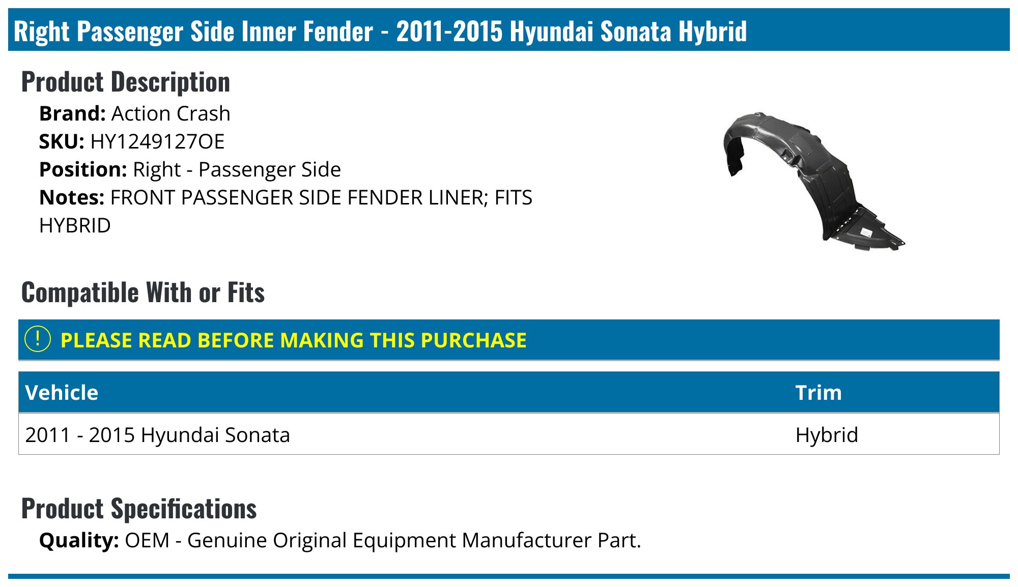RH Front Inner Fender Splash Shield Liner For Hyundai Sonata - Replaces HY1249127, 868124R000