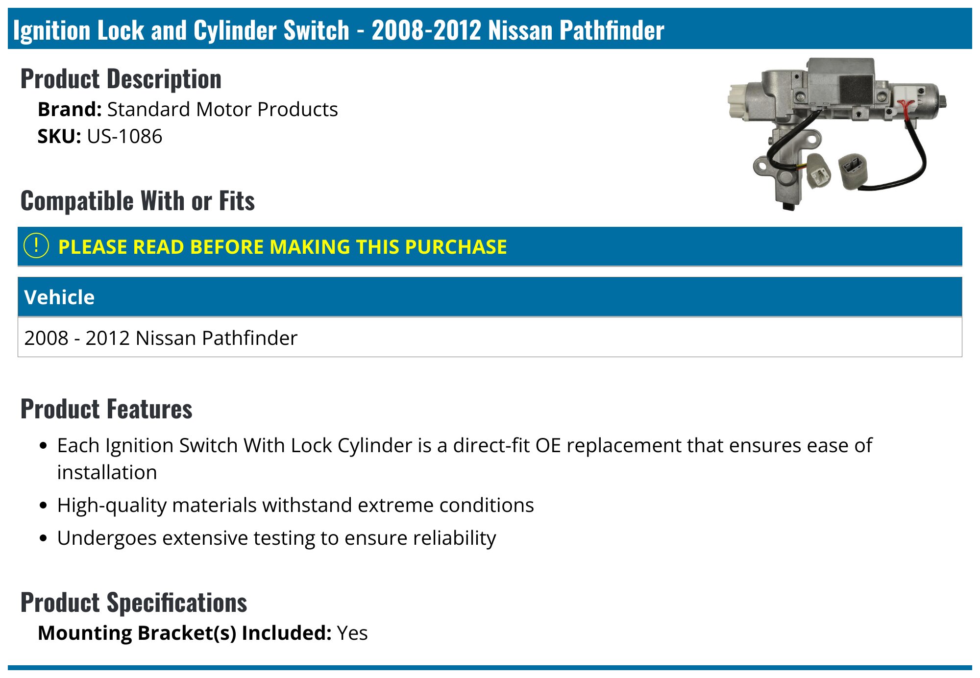 Nissan Pathfinder Ignition Lock Assembly - Replacement Ignition Lock  Assemblys - Standard Motor Products Original Genuine Beck Arnley - 1995  1999 1998 2004 1994 1991 1997 2012 95 99 98 04 94 91 97 12 - PartsGeek