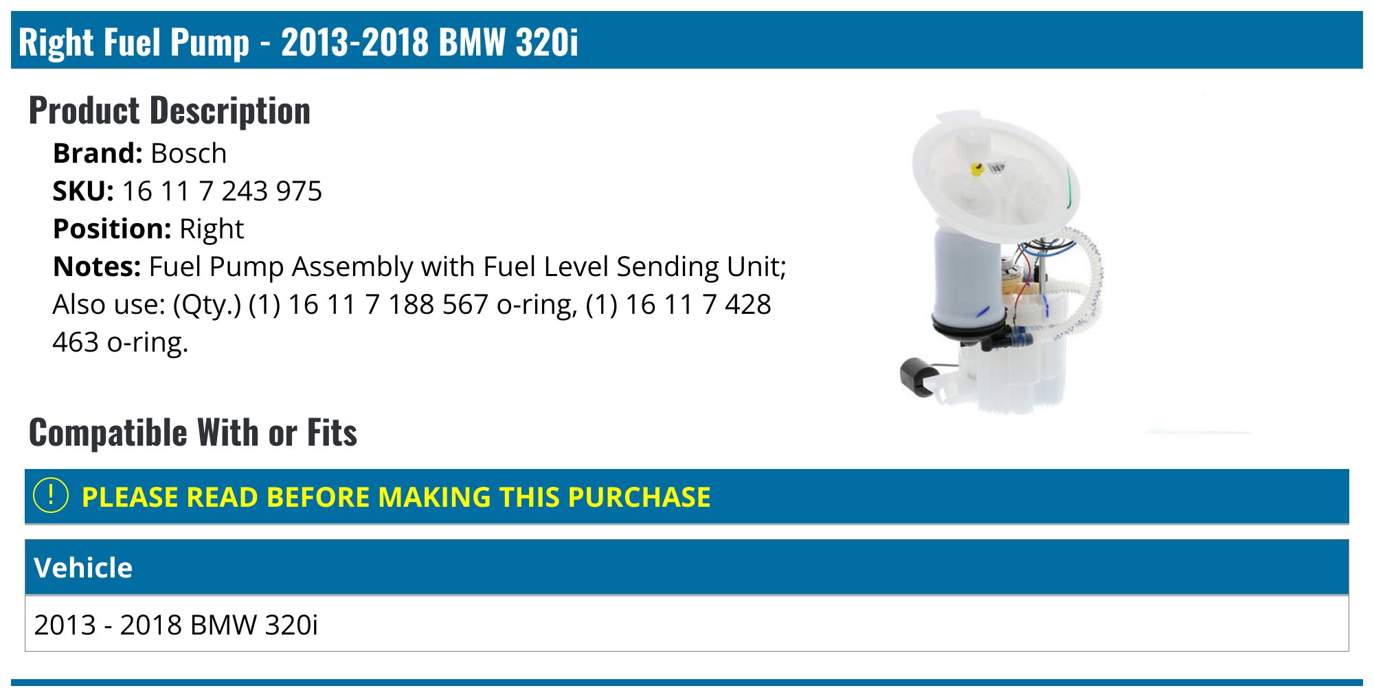 2013-2018 BMW 320i Fuel Pump - Bosch 16 11 7 243 975 - Right ...