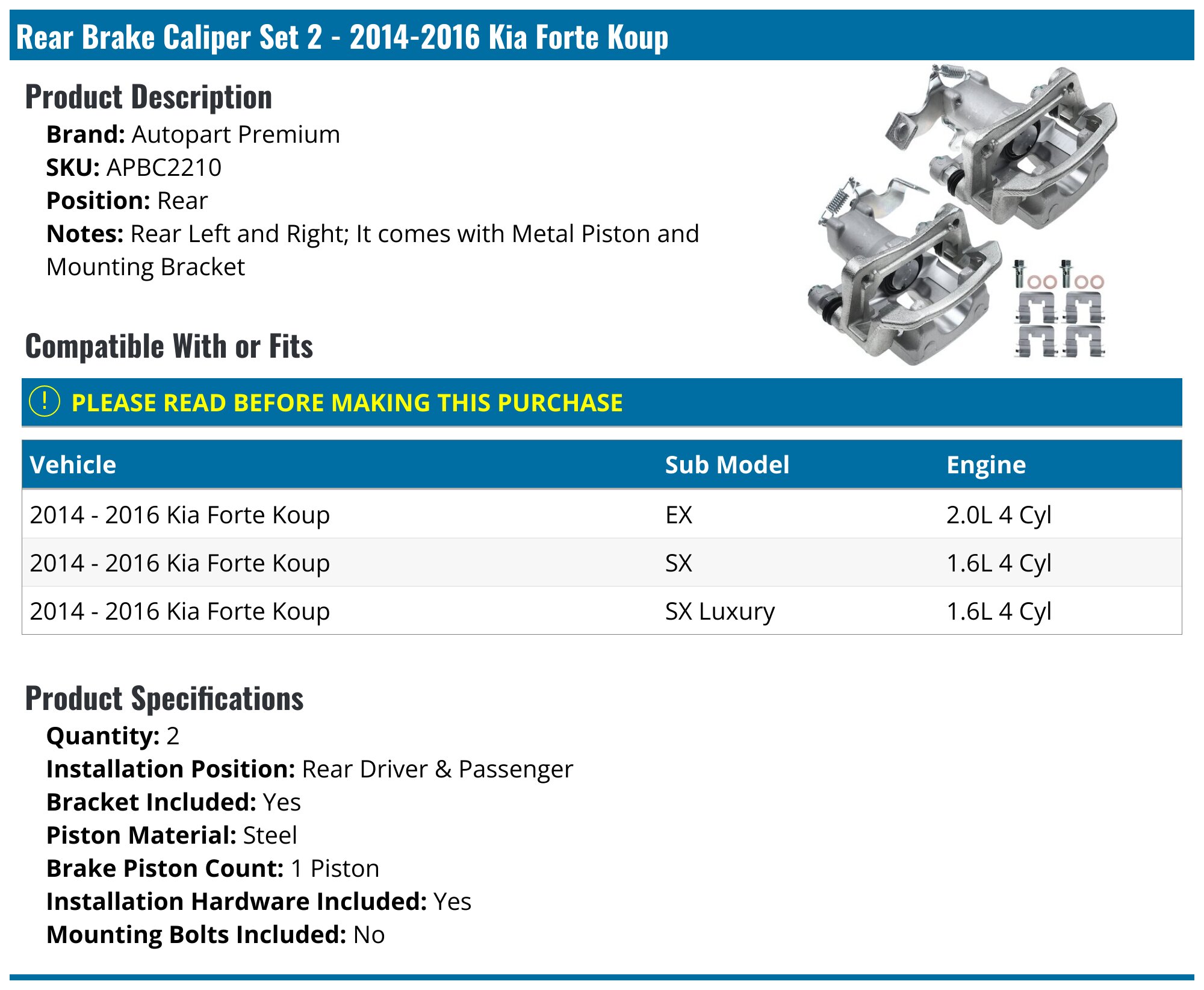 Kia Forte Koup Brake Caliper - Brake Calipers - Autopart Premium TRQ ...