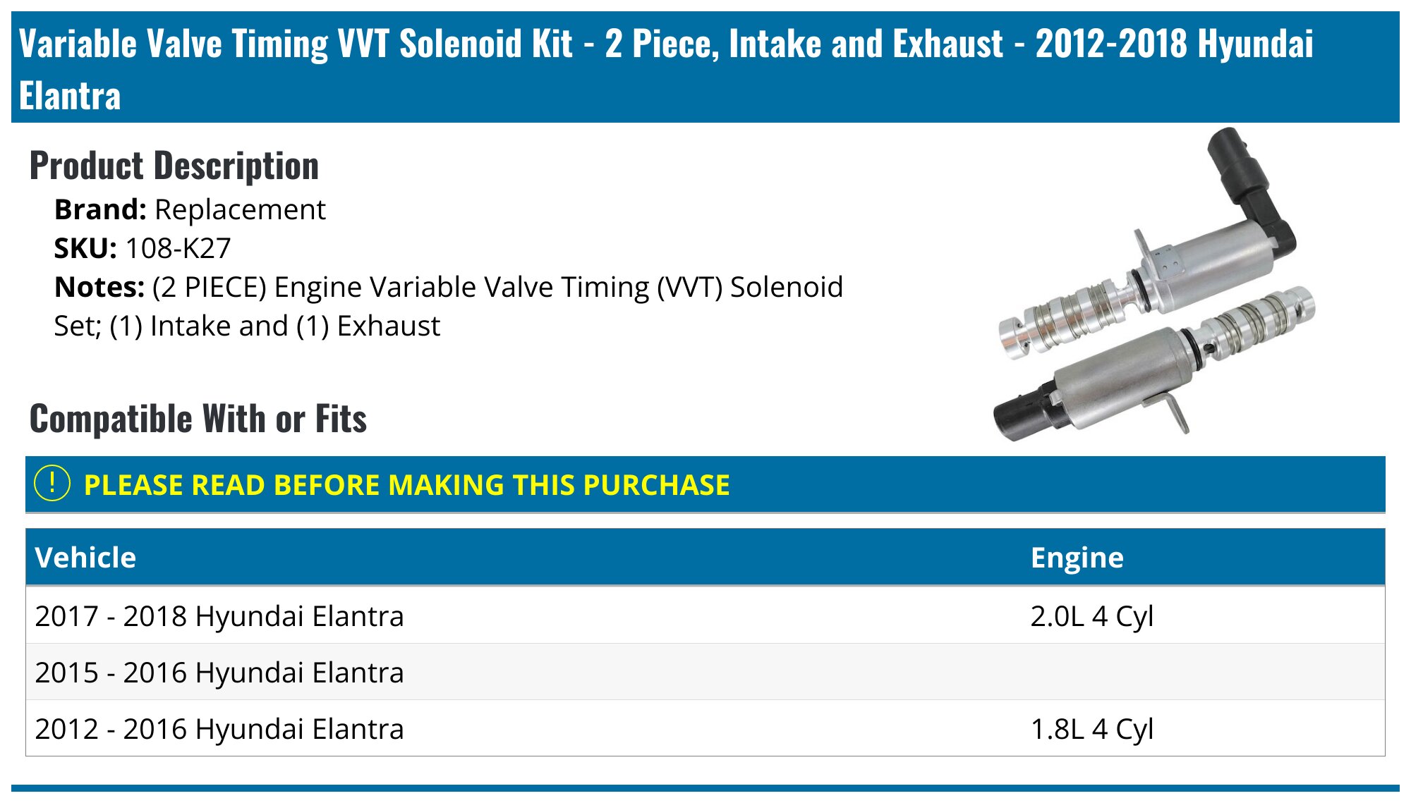 2x Intake & Exhaust VVT Solenoid Set For Hyundai Elantra 1.8L (24355-2E000)