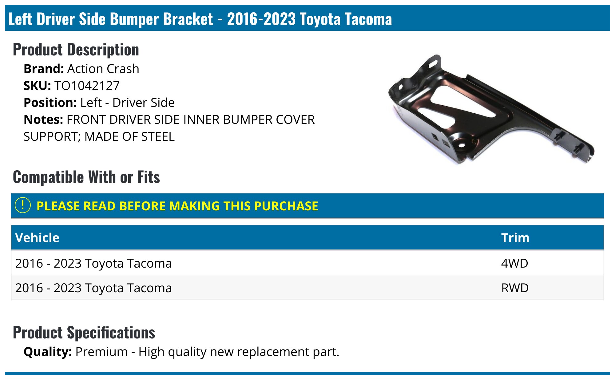 Pair Of Front Bumper Reinforcement Brackets For 2005-2023 Toyota Tacoma - Left & Right
