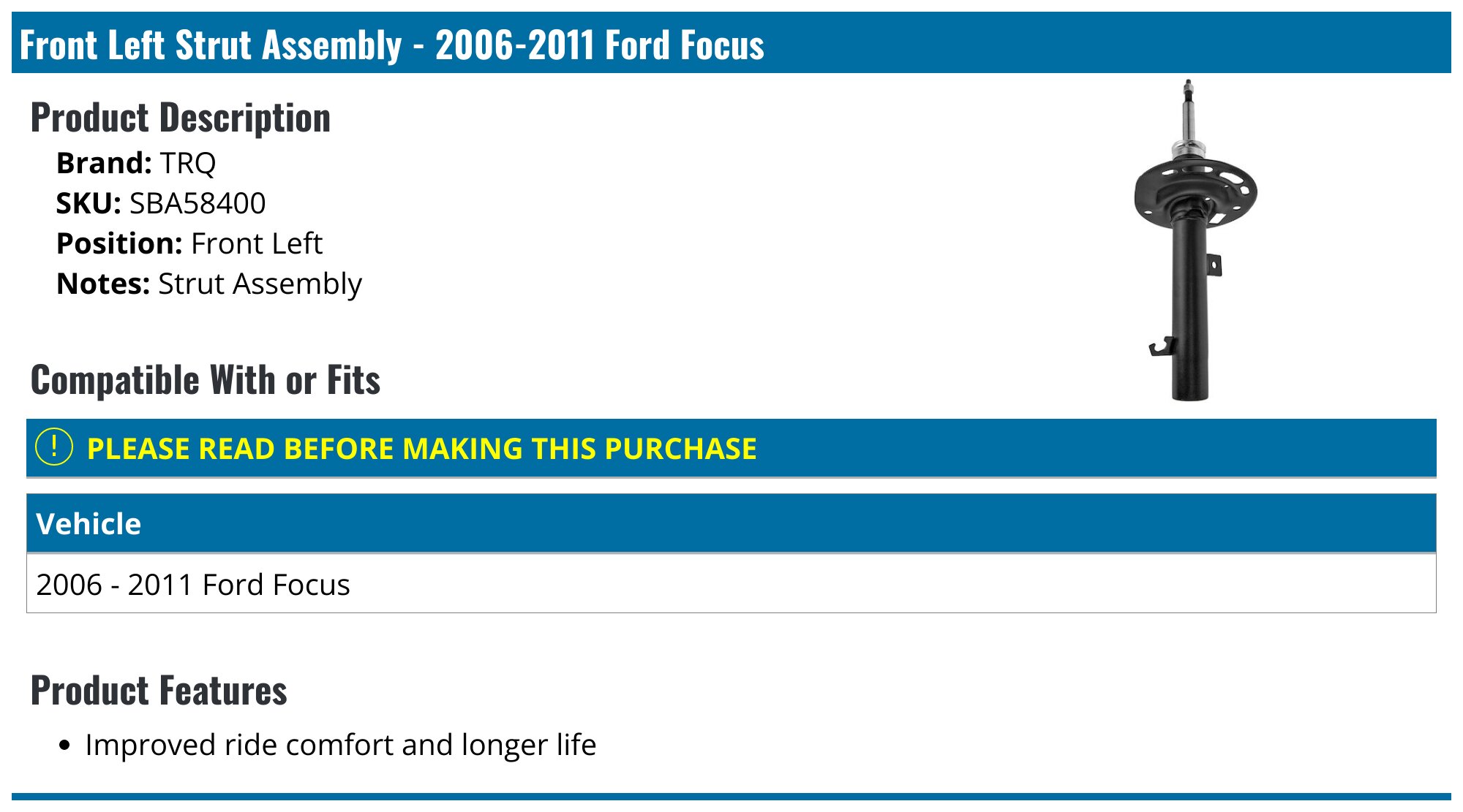 TRQ 2-Piece Front Strut Assembly Set - Compatible With 2006-2011 Ford Focus (Driver & Passenger)