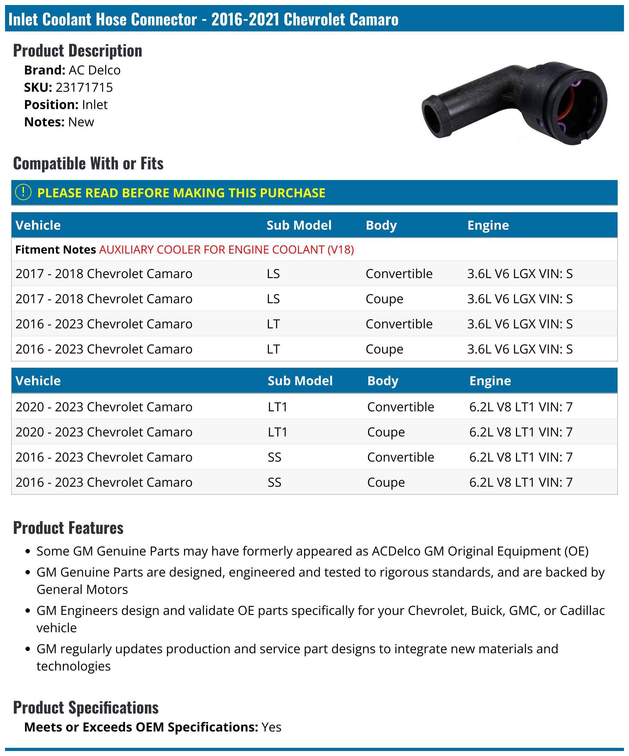 2016-2024 Chevrolet Camaro Coolant Hose Connector - AC Delco