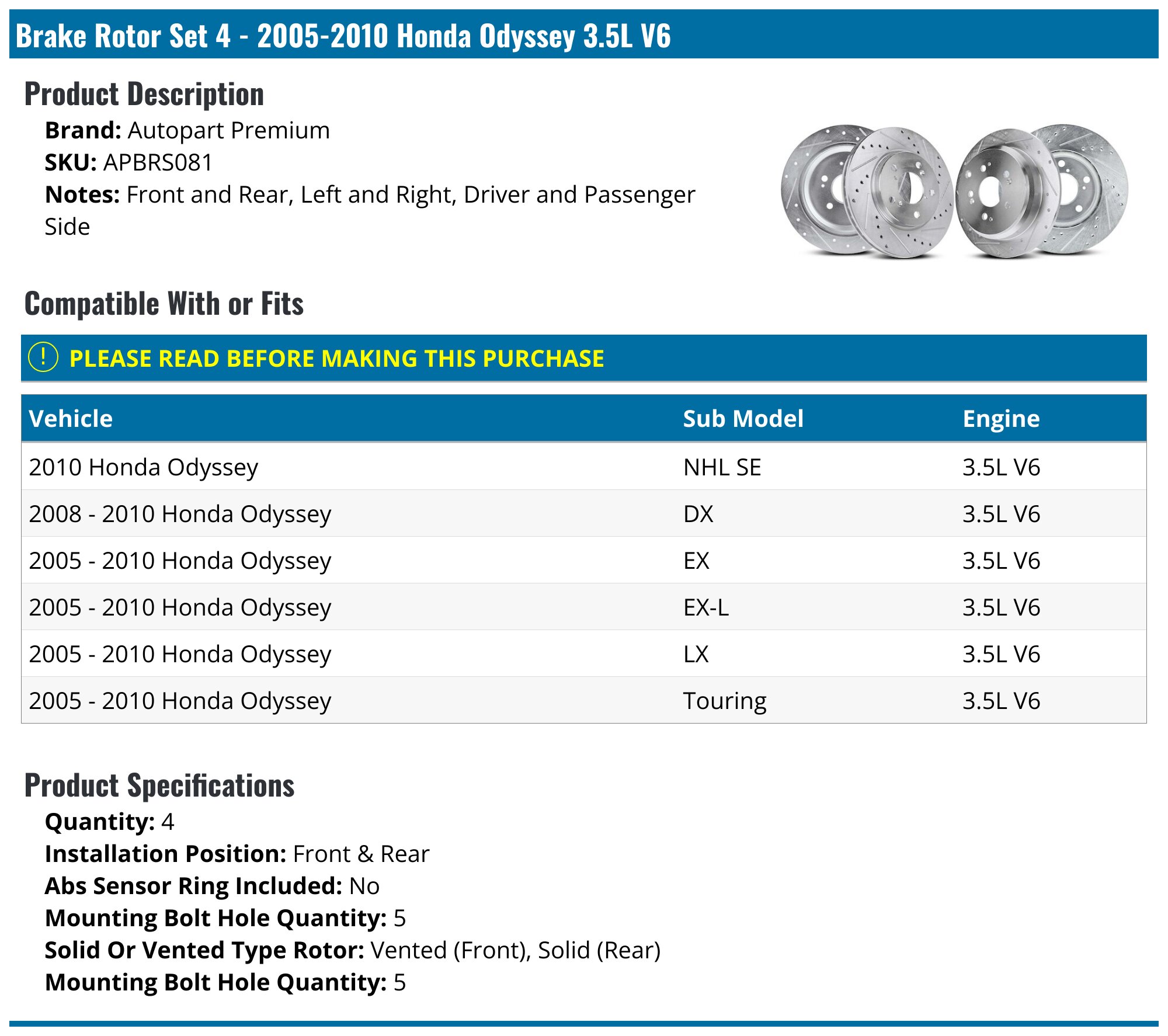 Front Brake Rotors Set For 2005-2010 Honda Odyssey – 296mm, Vented, Cast Iron (AM Autoparts)