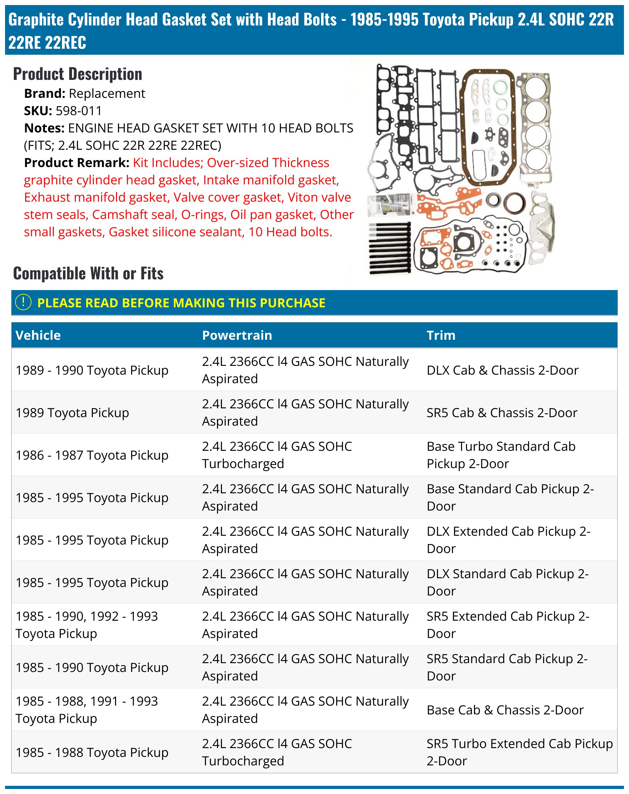 Assembled Cylinder Head + Gasket Kit + Bolts Set 22R 8V For