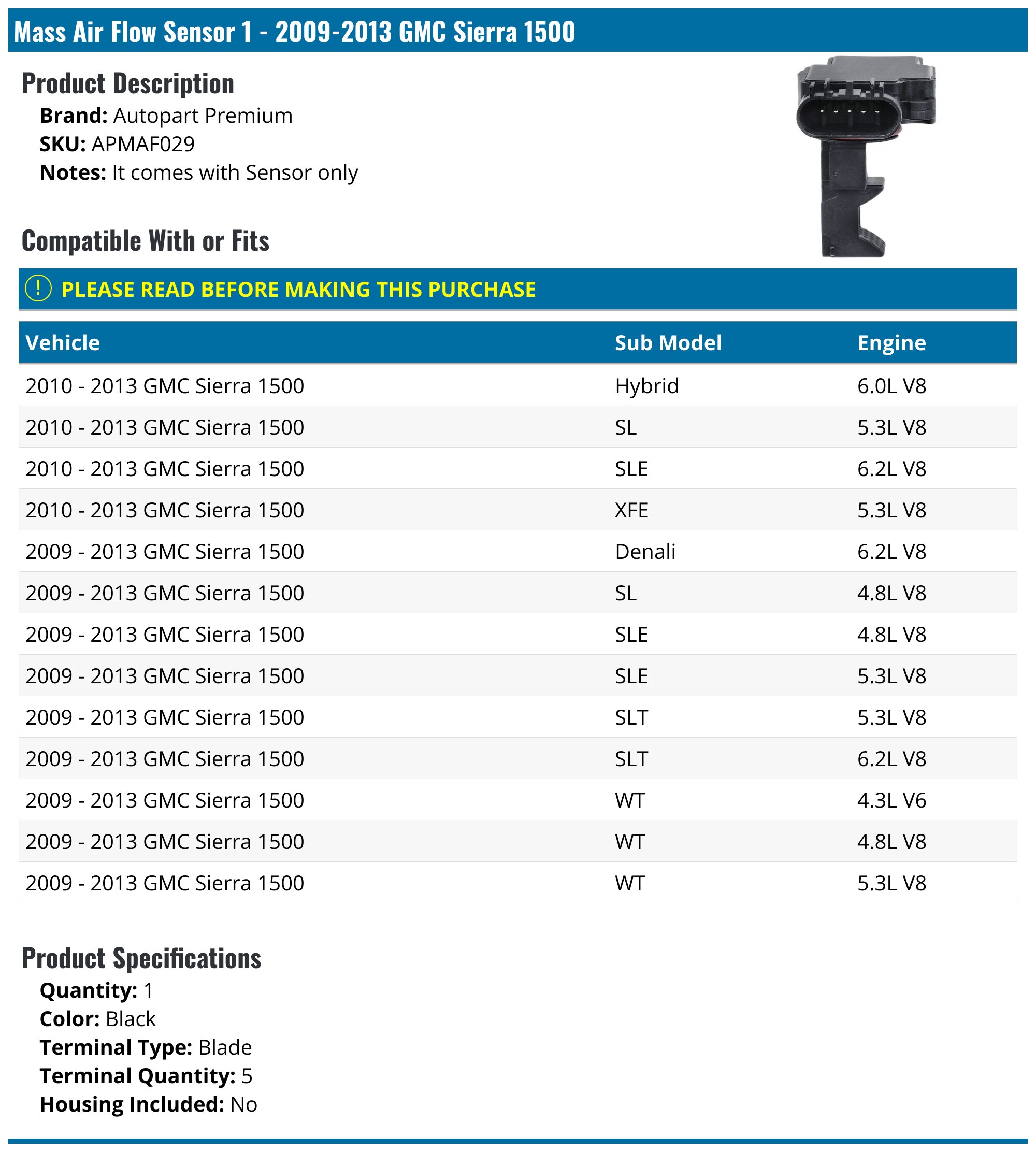 2009-2013 GMC Sierra 1500 Air Mass Sensor - Autopart Premium APMAF029 ...