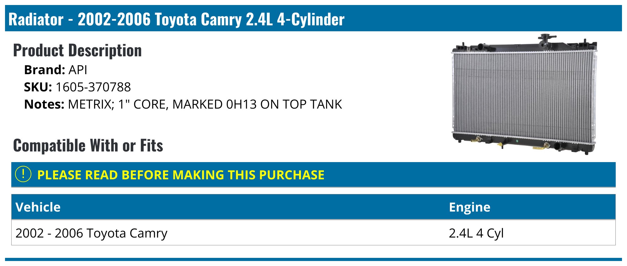 Radiador De Aluminio Para Toyota Camry 2002-2006, Motor 2.4L 4 Cilindros, Grosor 5/8"