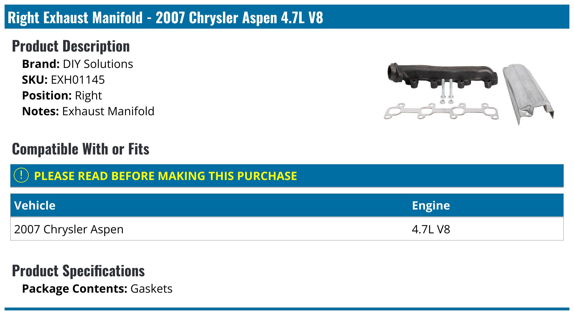 2007 Chrysler Aspen Exhaust Manifold DIY Solutions EXH01145 Right