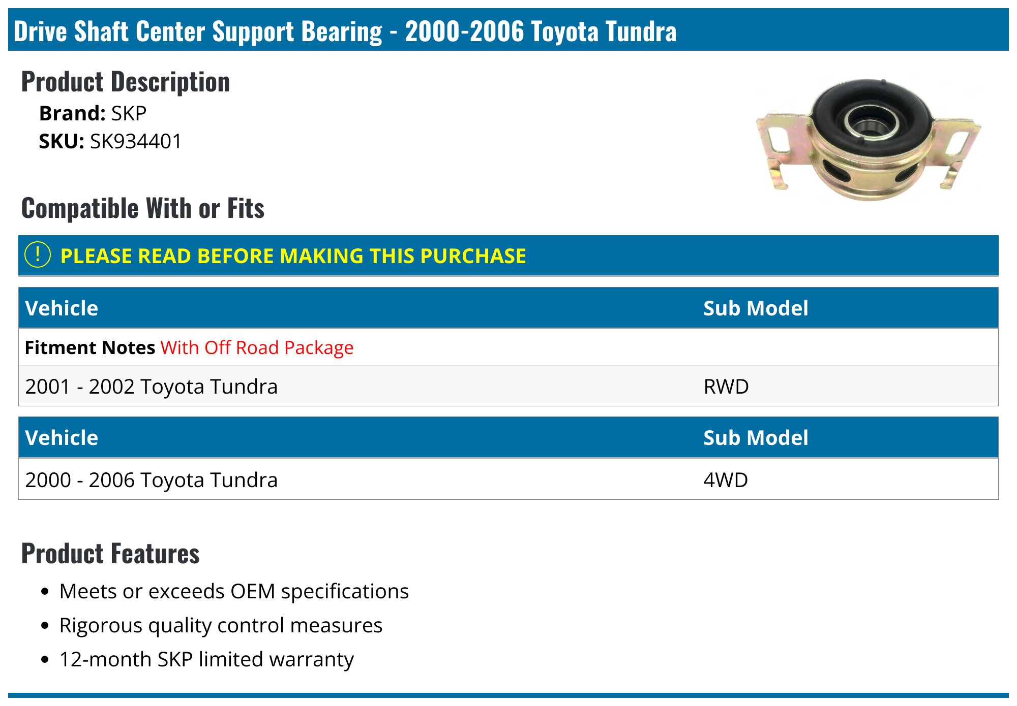 20002006 Toyota Tundra Drive Shaft Center Support Bearing SKP
