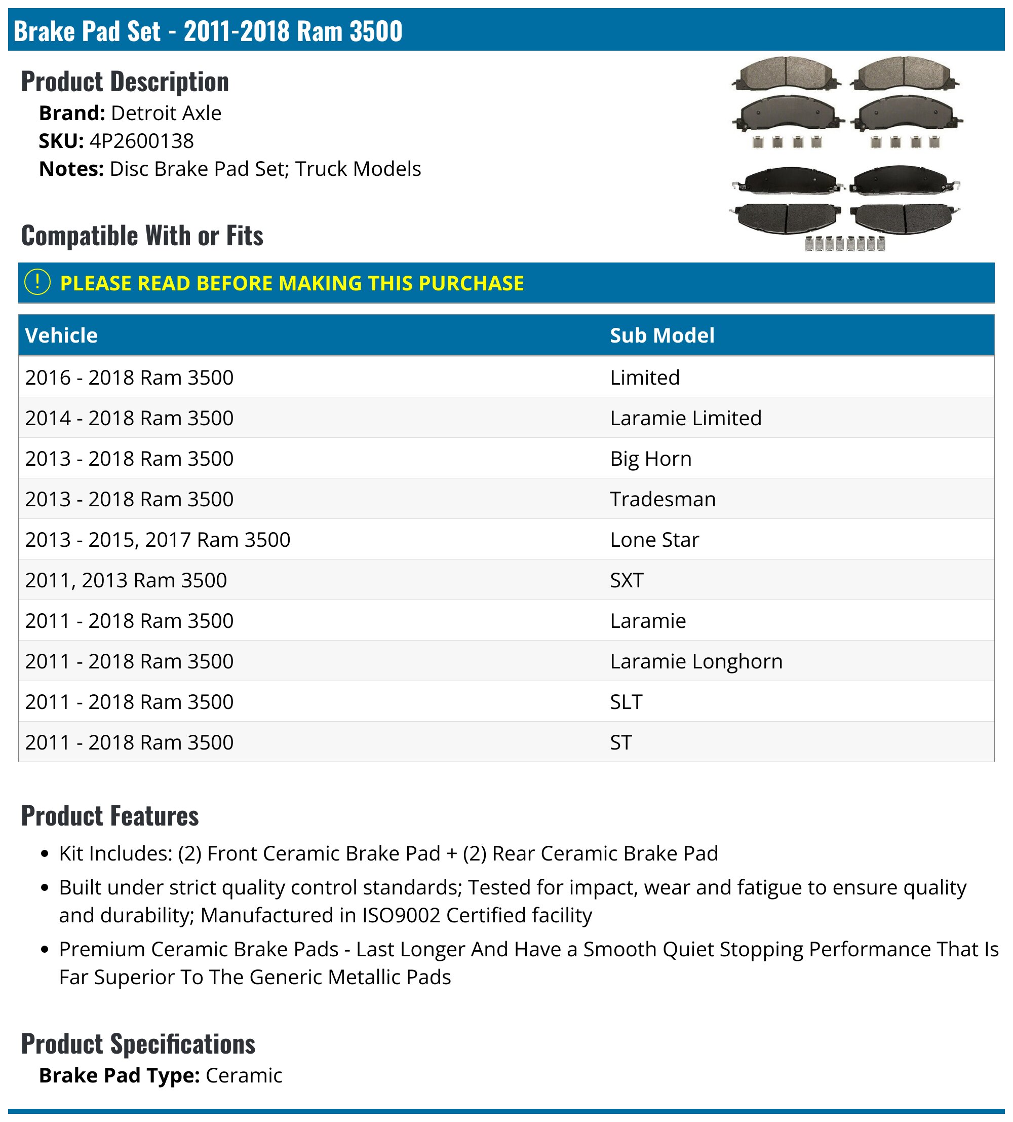 YXPCARS Front & Rear Ceramic Brake Pads For Dodge Ram 2500 & 3500 – 2011-2018, Low Dust, Quiet
