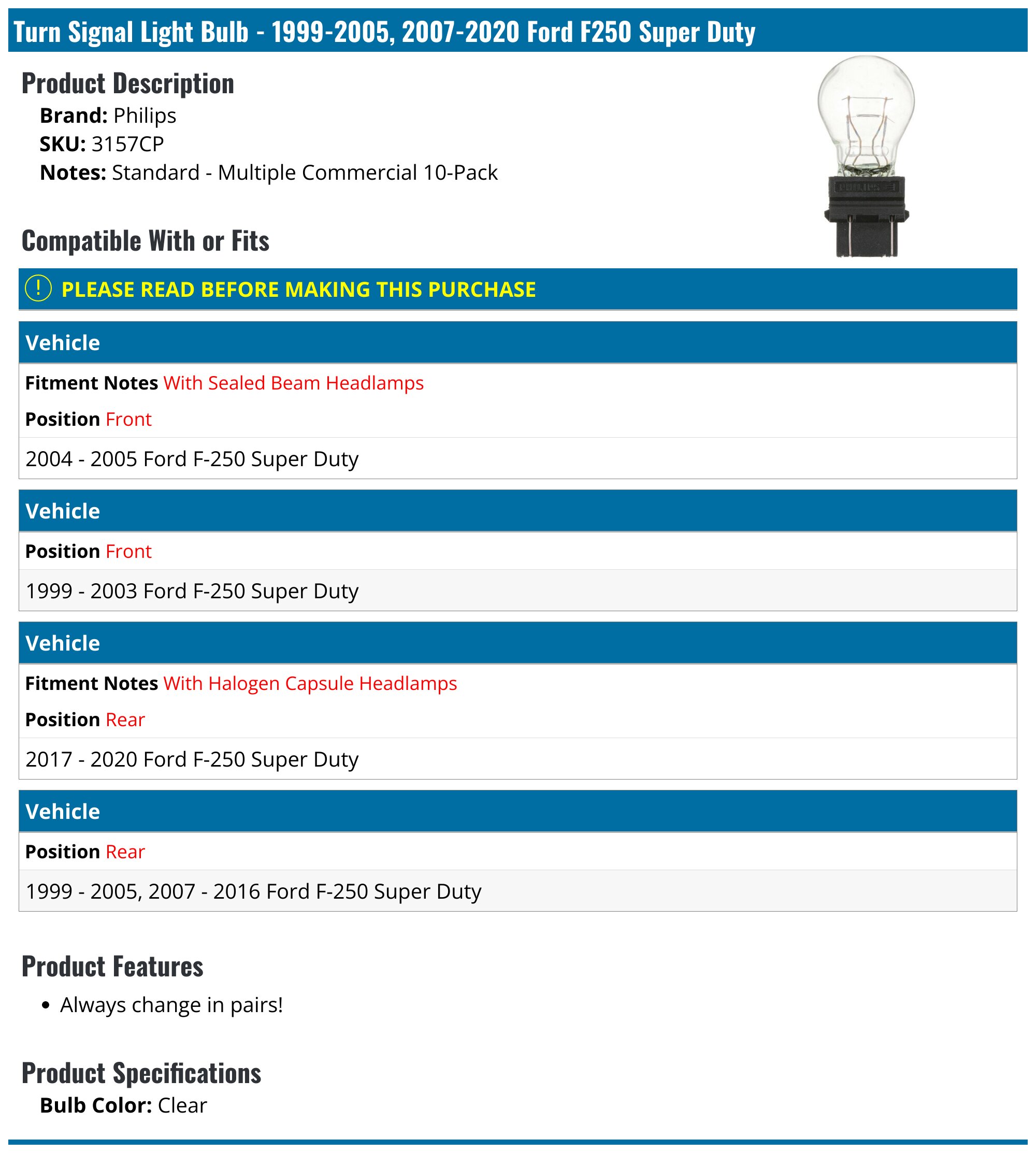 1999-2010, 2017-2022 Ford F250 Super Duty Turn Signal Light Bulb ...