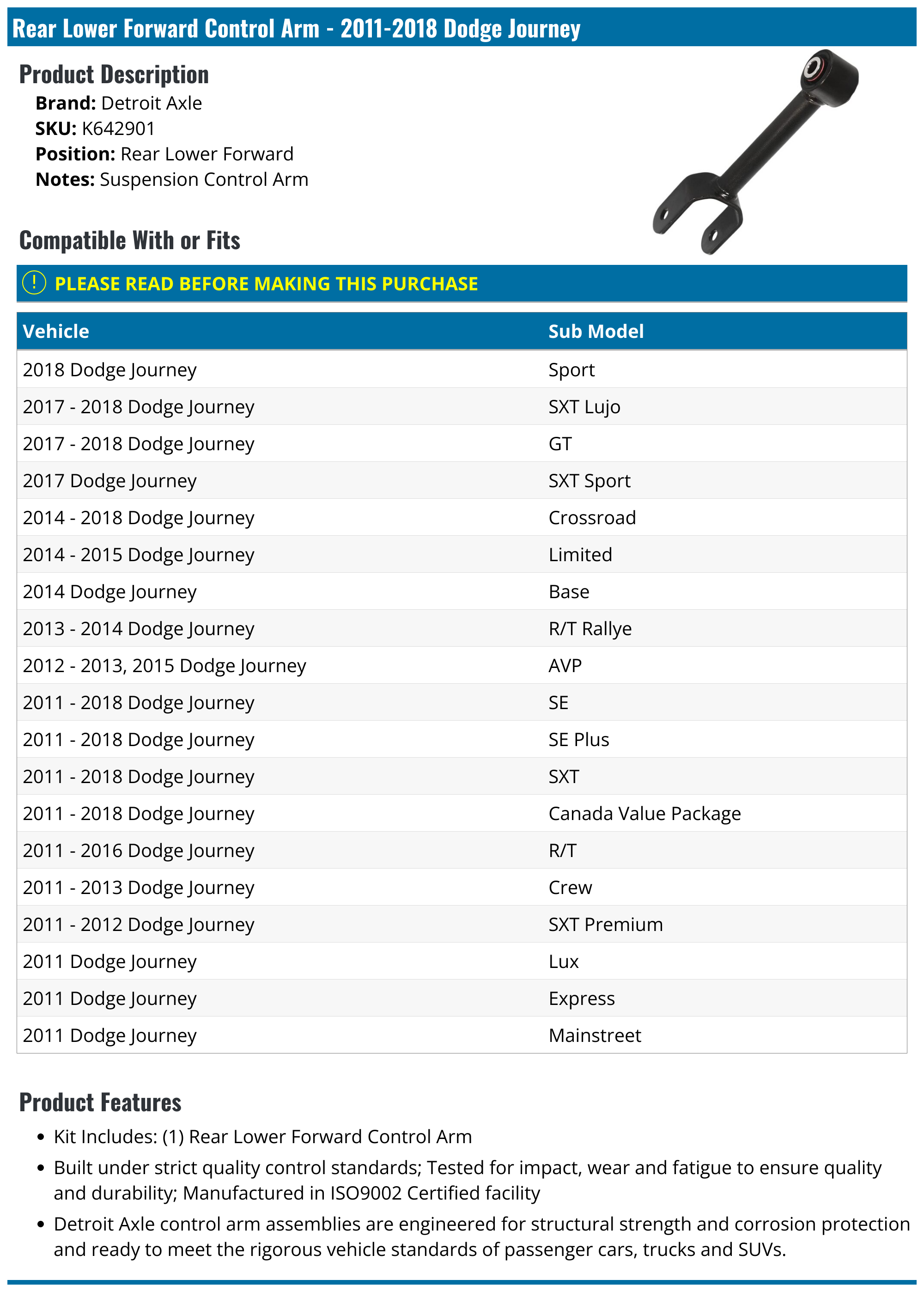 20112018 Dodge Journey Control Arm Detroit Axle K642901 Rear Lower