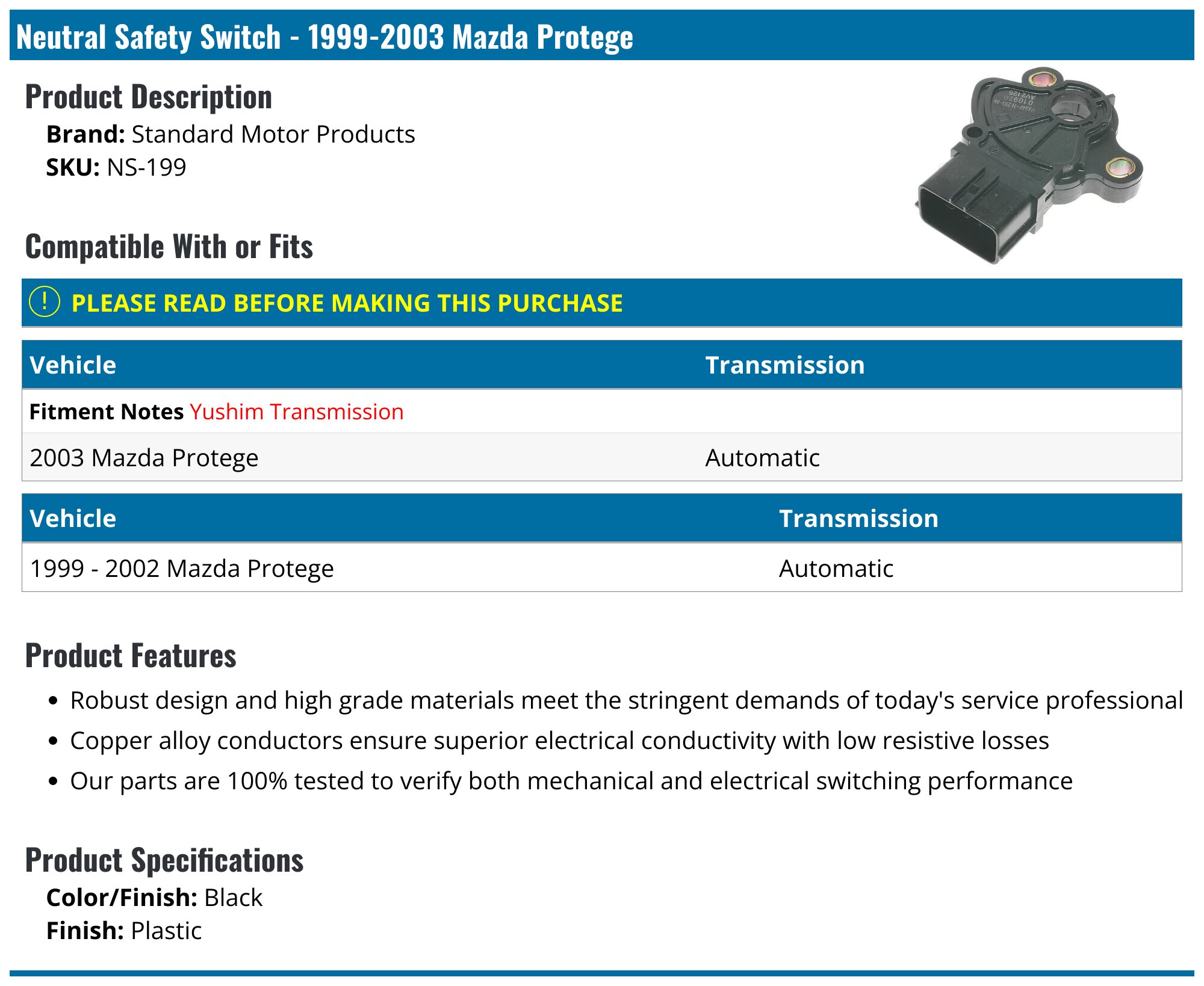 1999-2003 Mazda Protege Neutral Safety Switch - Standard Motor