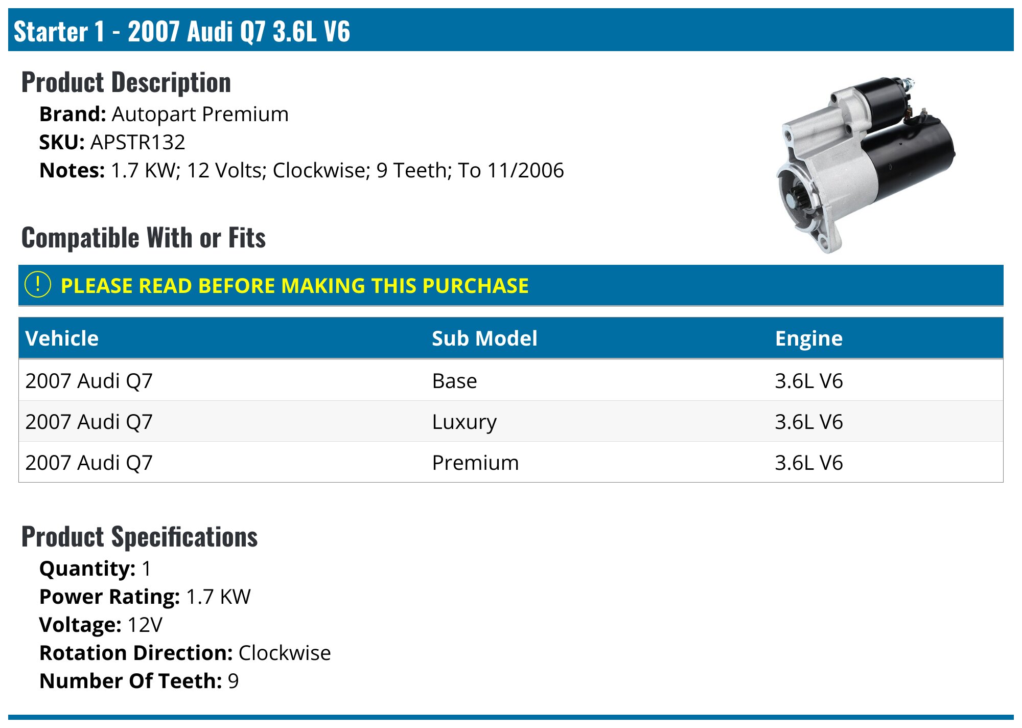 HELLA Starter 12V 2.2 KW 9 Tooth For Audi Q7, VW, Porsche - 8EA 011 611-881