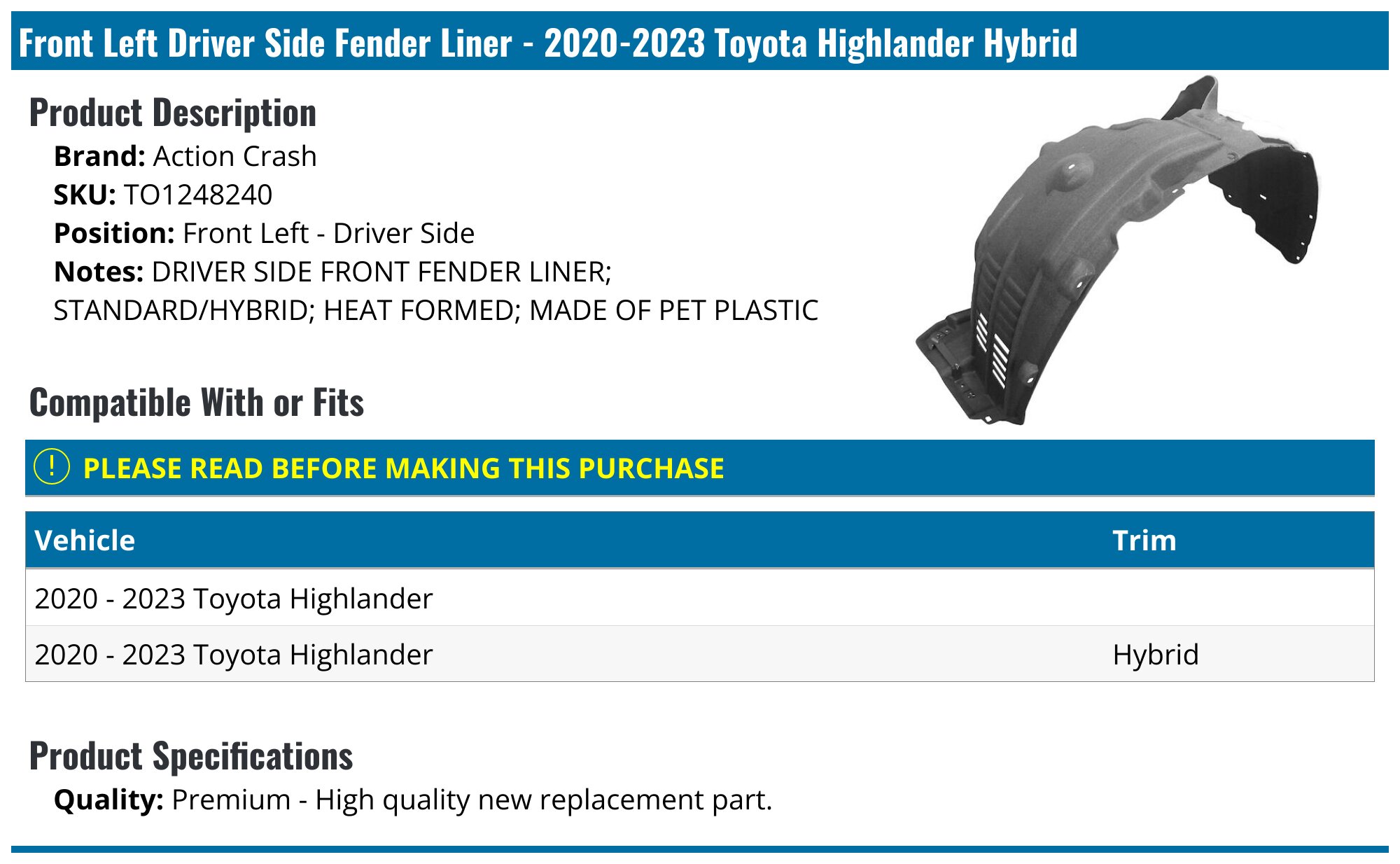 Front Passenger Side Fender Liner for Toyota Highlander 2020-2022