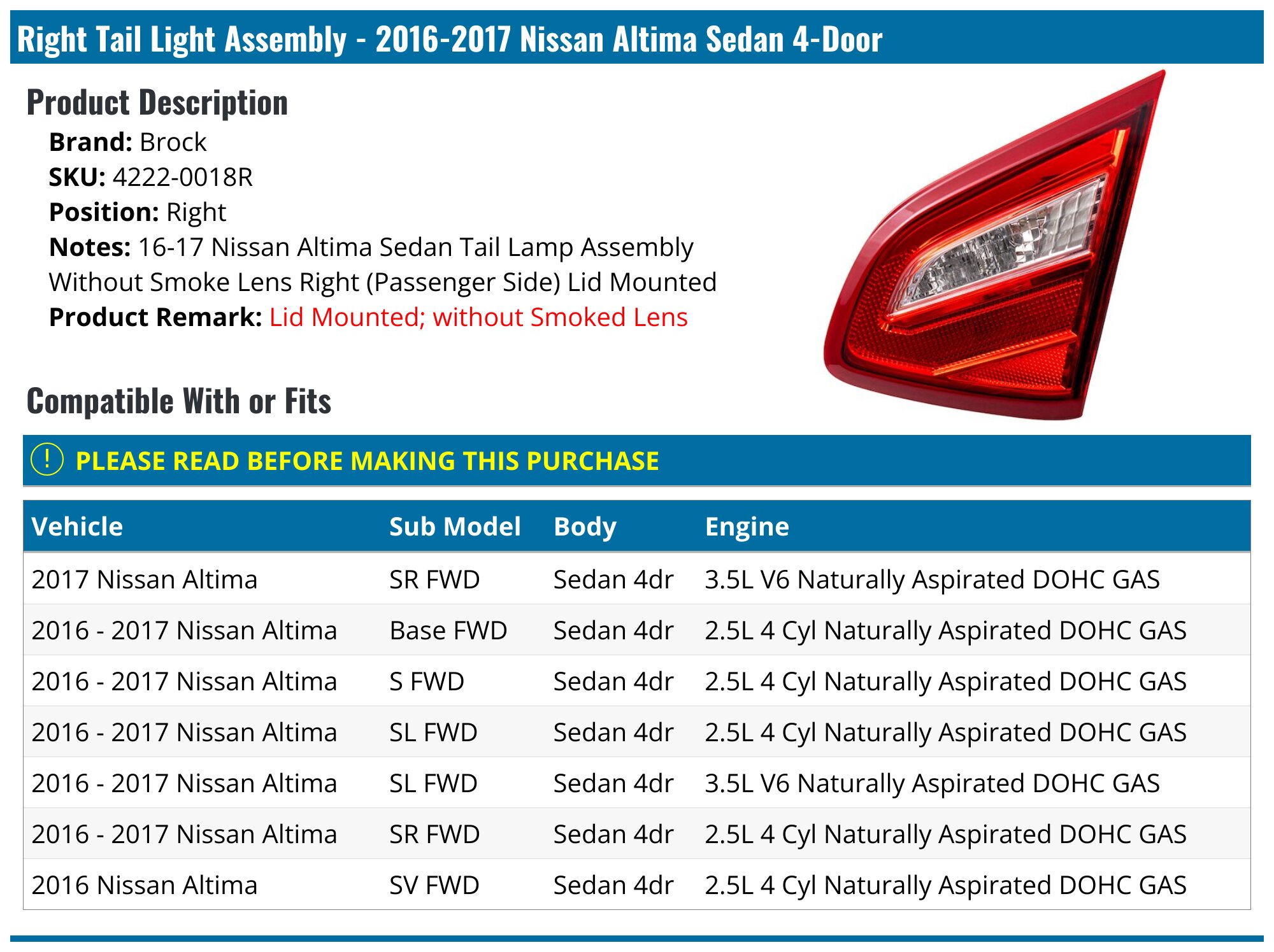 Right Passenger Side Outer Tail Lamp For 2016-2018 Nissan Altima - Red Lens, Halogen-747889