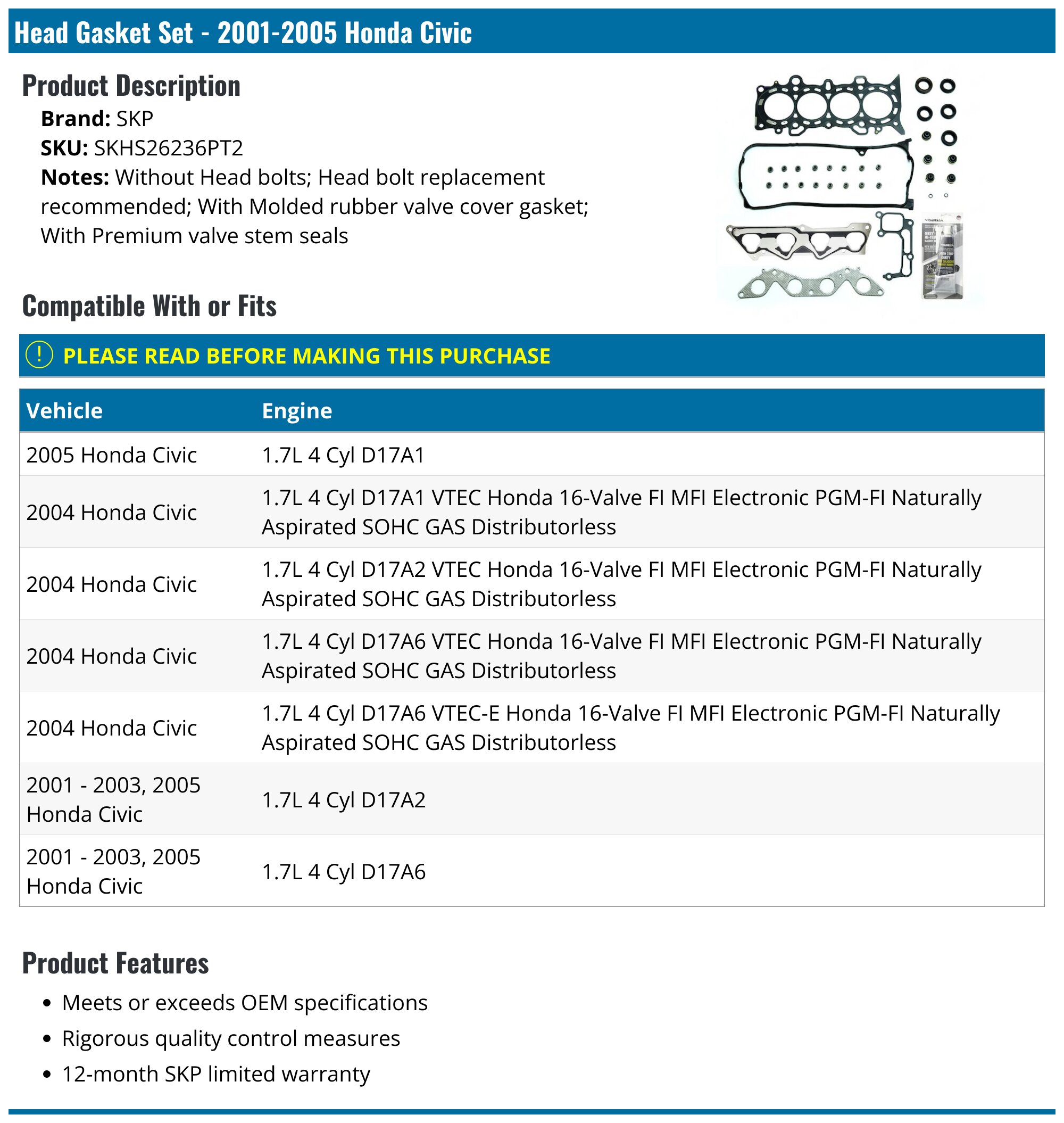 Find Valve Cover Gasket Set 01-05 Honda Civic EX HX 1.7L SOHC D17A1 D17A2 D17A6 D17A7 In South