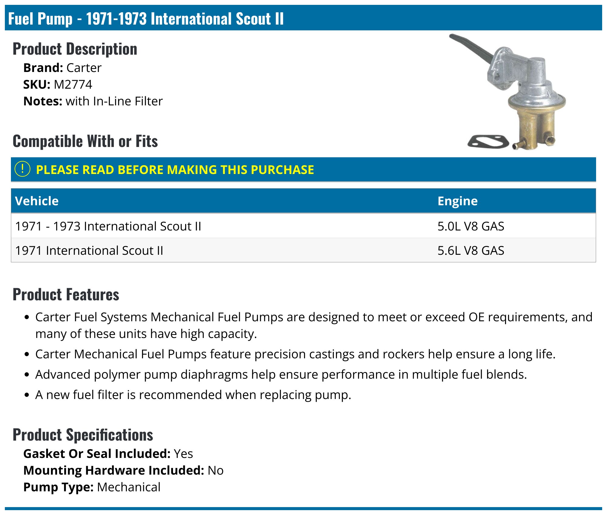 Carter Mechanical Fuel Pump For International Scout II 1971-1980 3.2L 5.0L