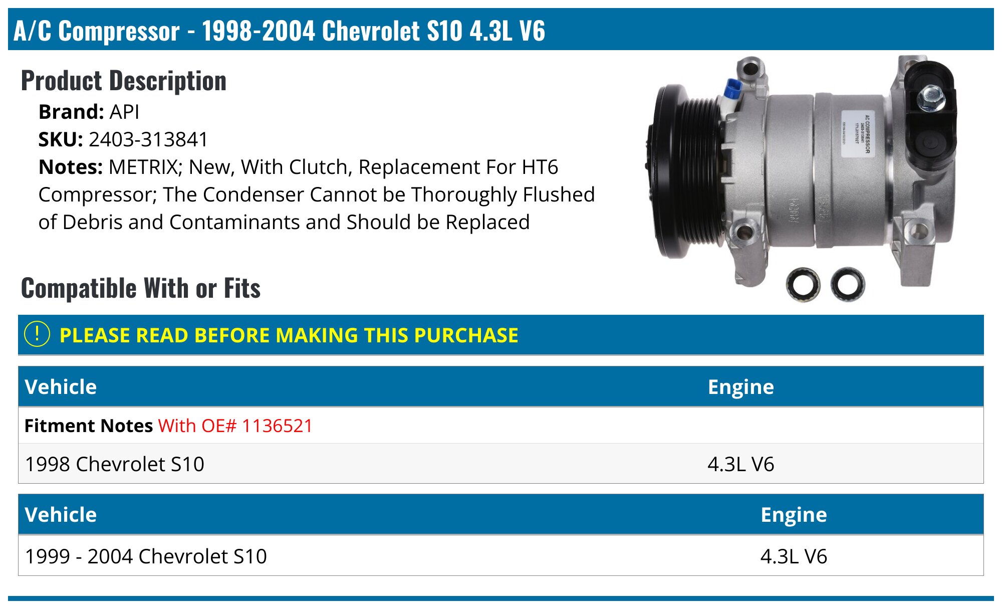 1998-2004 Chevrolet S10 A/C Compressor - API 3683-02999980 - PartsGeek.com