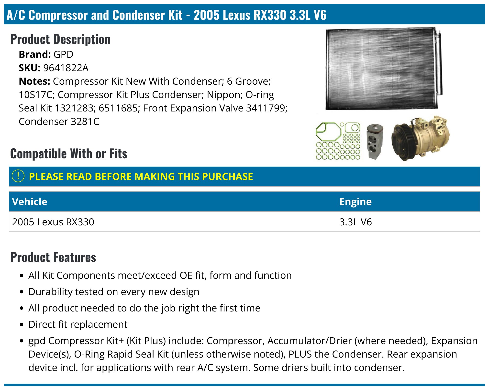 2005 Lexus RX330 A/C Compressor - GPD 9641822A - PartsGeek.com