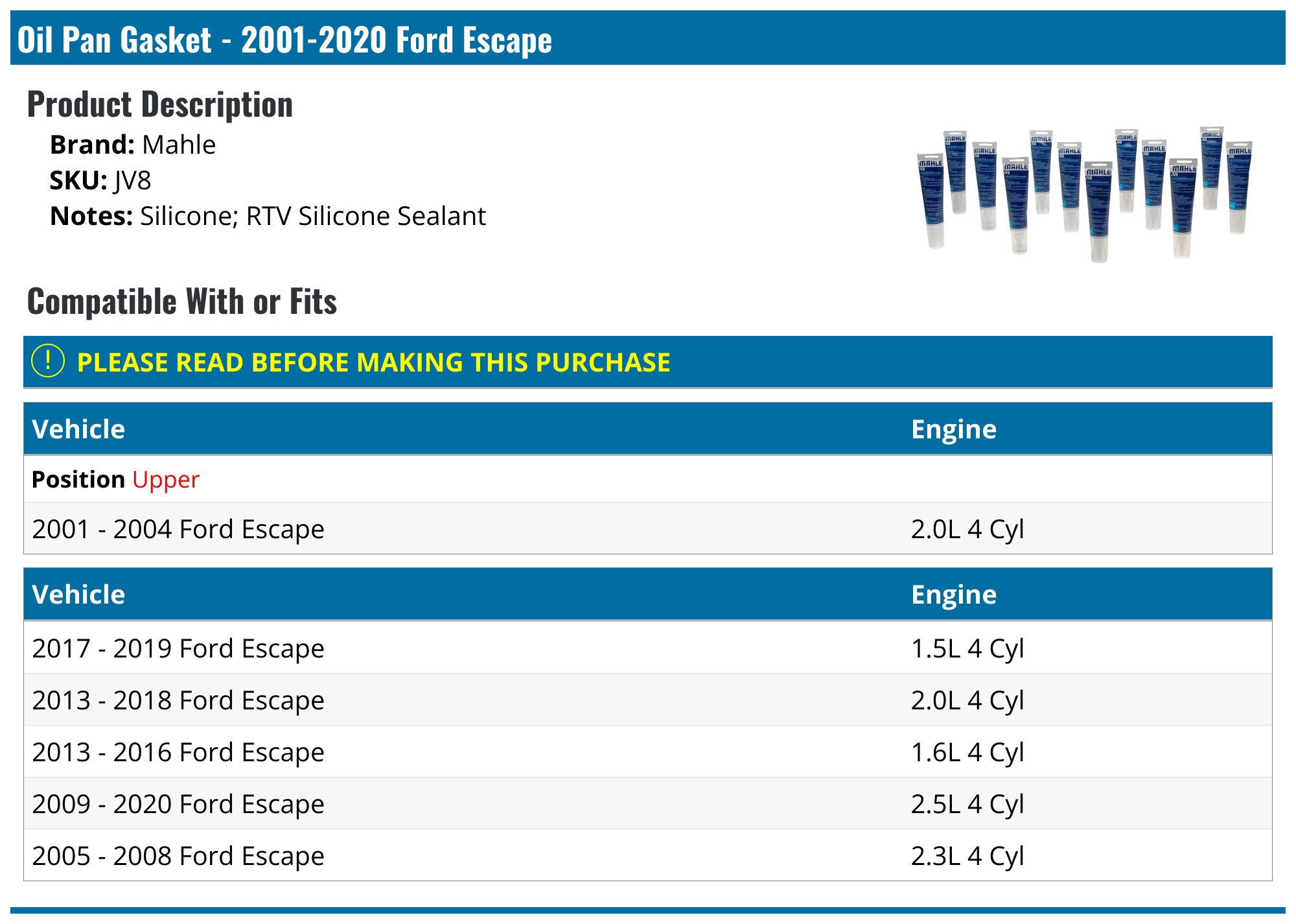 20012020 Ford Escape Oil Pan Gasket Mahle JV8 Upper