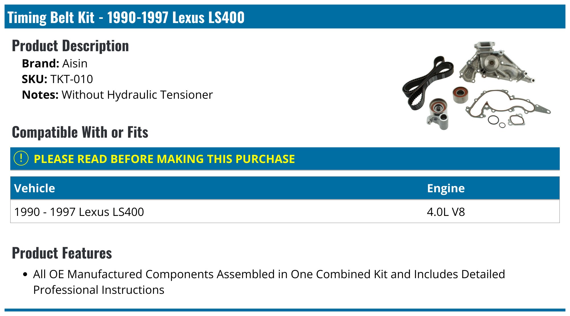Timing Belt Kit - 1990-1997 Lexus LS400 4.0L V8 - Aisin