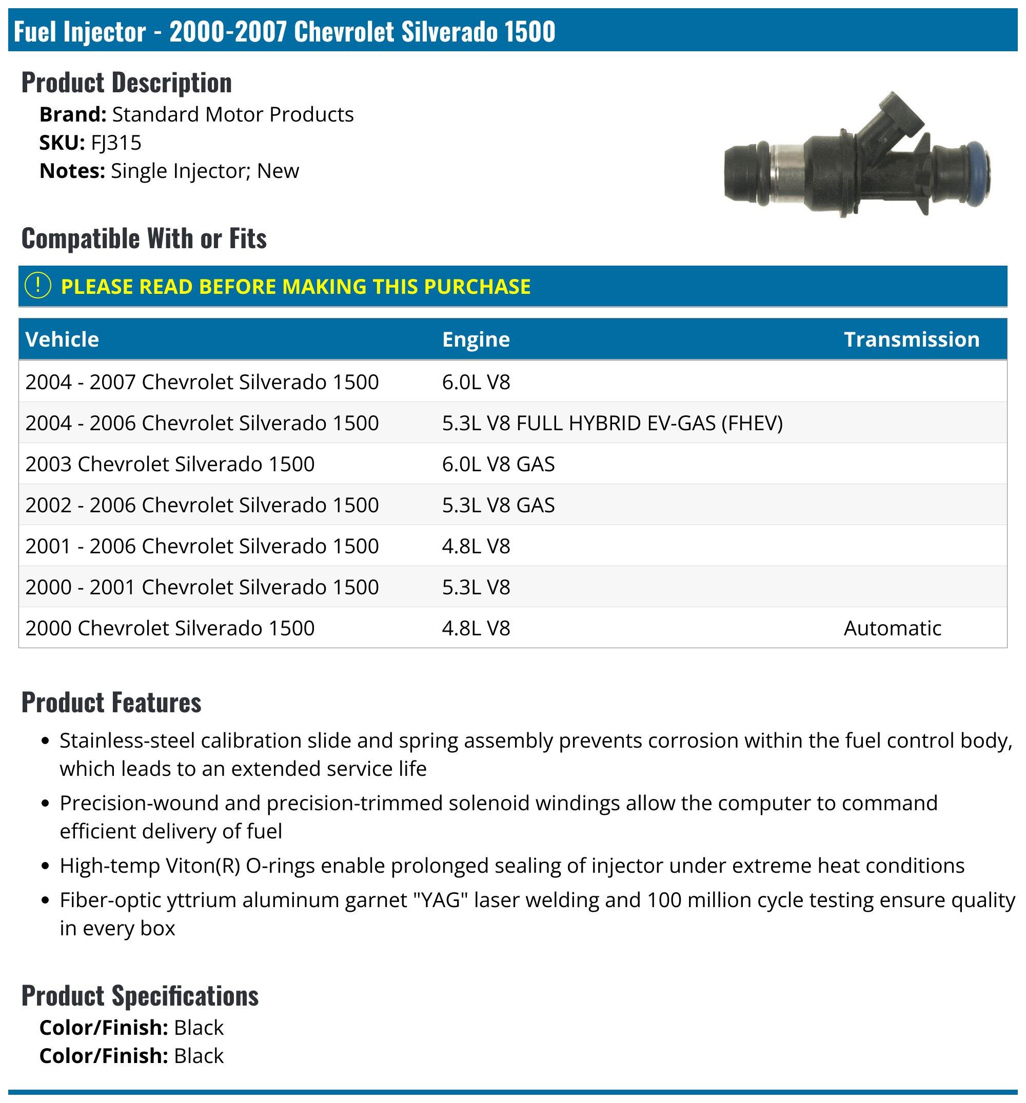 20002007 Chevrolet Silverado 1500 Fuel Injector Standard Motor