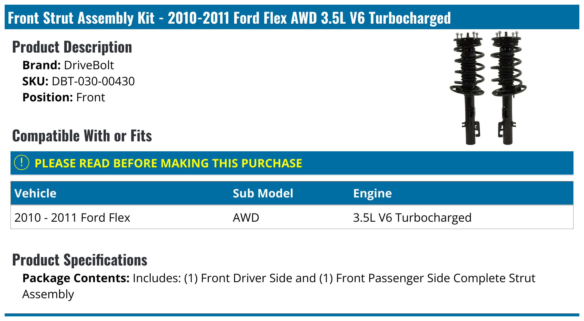 20102011 Ford Flex Strut Assembly DriveBolt DBT03000430 Front