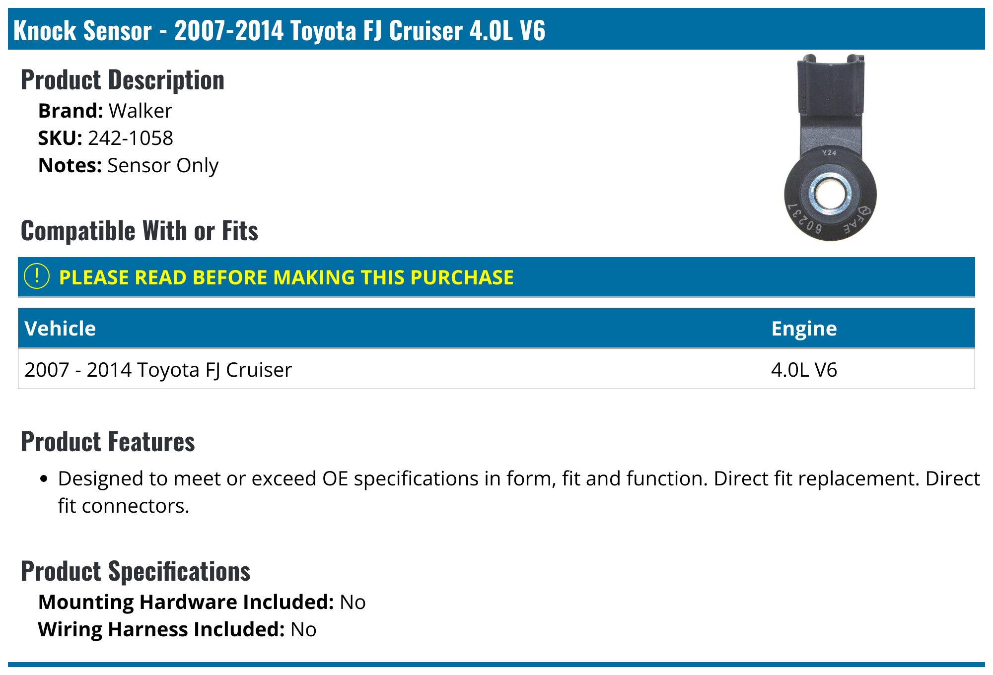2007-2014 Toyota FJ Cruiser Knock Sensor - Walker 242-1058 - PartsGeek.com