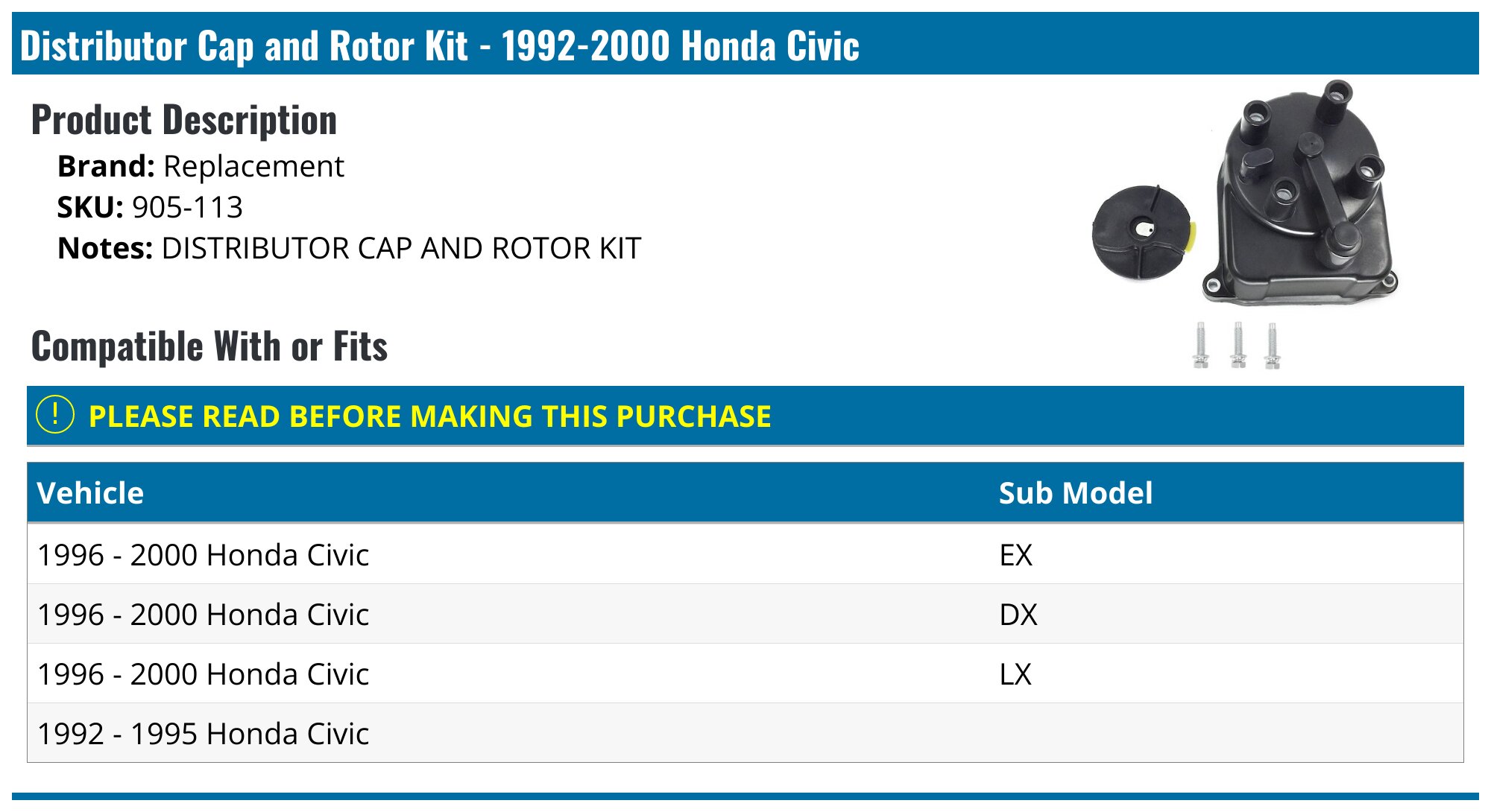Distributor Cap and Rotor Kit for 1992-2000 30102-PT2-026, Cap & Rotor Kit - Canada Distributor Cap and Rotor Kit for 1992-2000 30102-PT2-026, Cap & Rotor Kit - Canada
