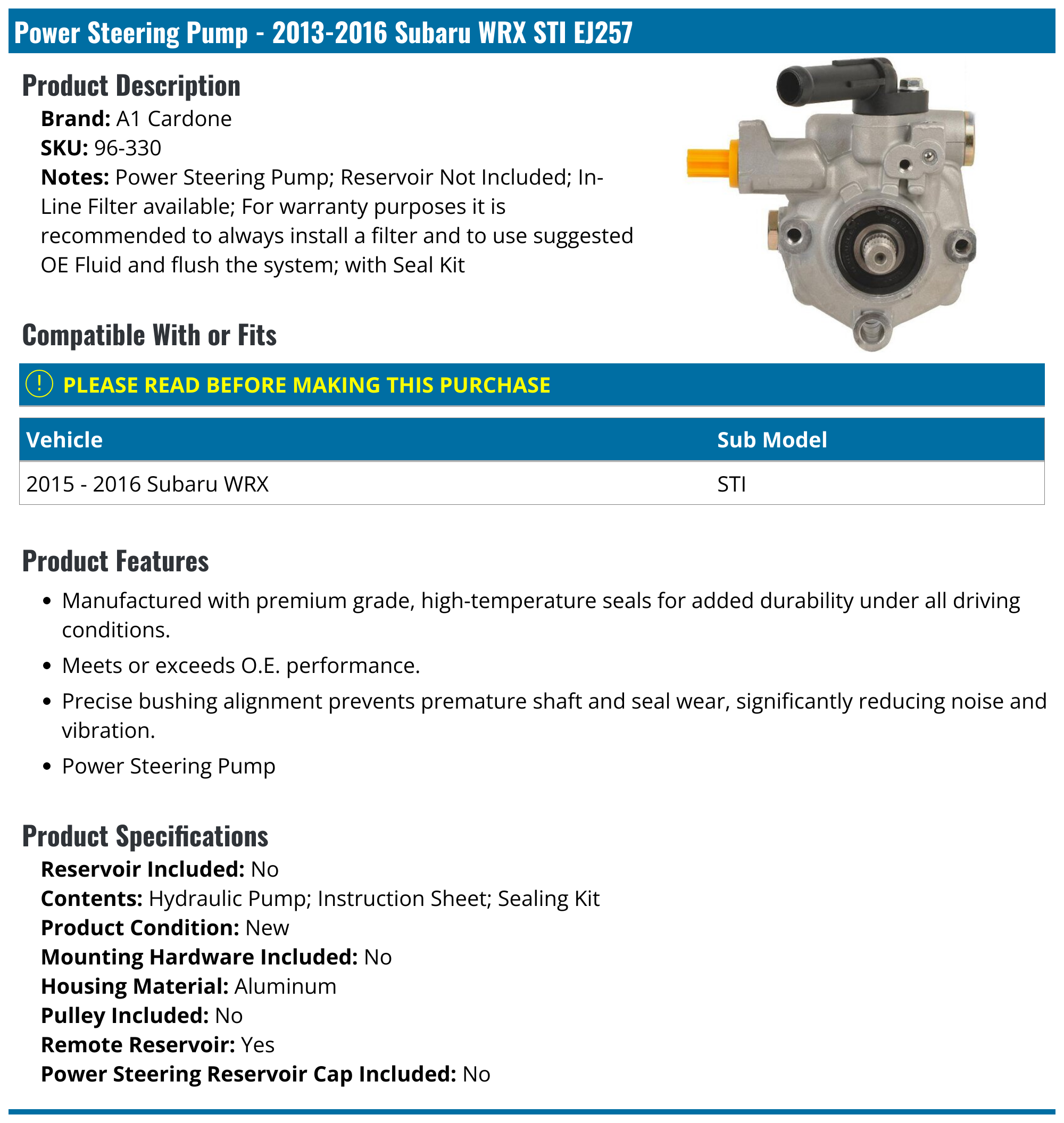 20132016 Subaru WRX Power Steering Pump A1 Cardone 96330