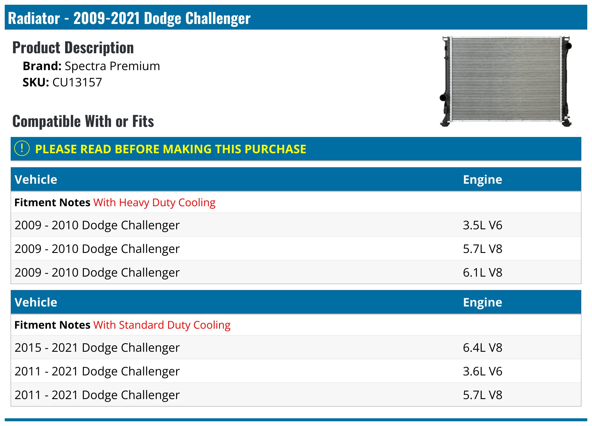 RAYTEN Radiator 13157 – Direct Fit For 2009-2020 Charger, Challenger, Chrysler 300 – Standard Cooling, 1-Row Aluminum