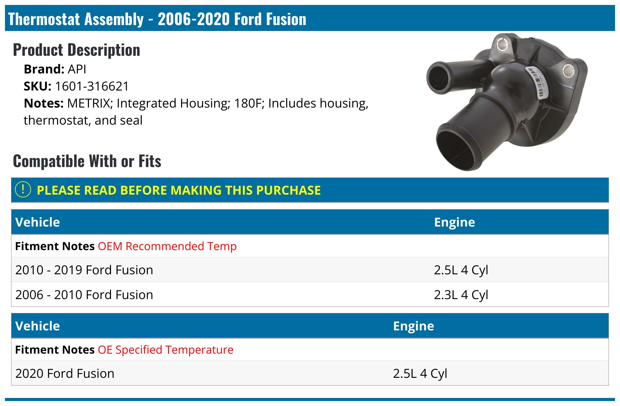 20062020 Ford Fusion Thermostat API 1867007871974