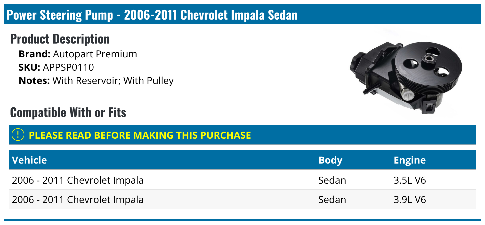 20062011 Chevrolet Impala Power Steering Pump Autopart Premium