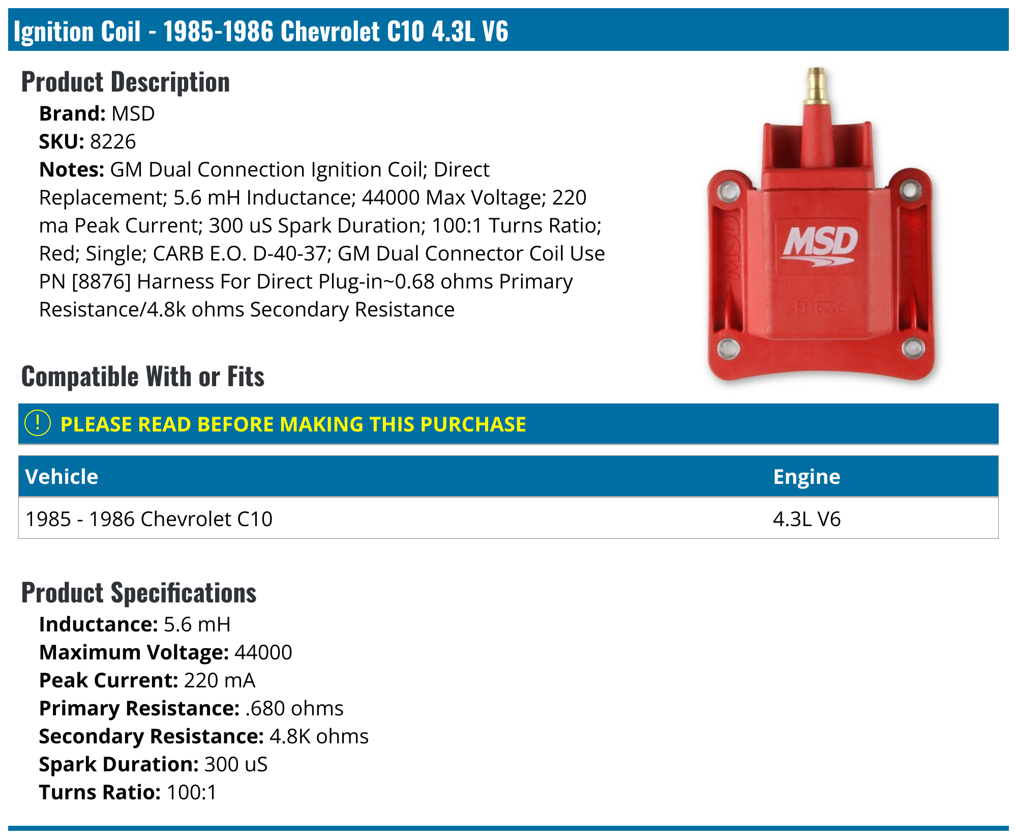 19851986 Chevrolet C10 Ignition Coil MSD 8226