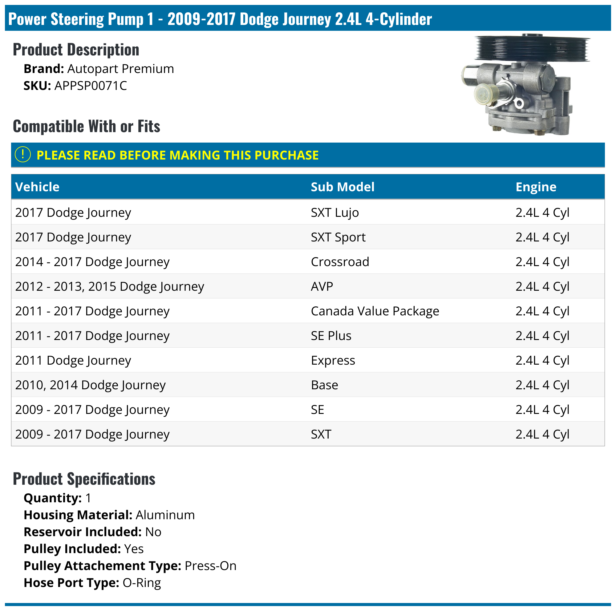 20092017 Dodge Journey Power Steering Pump Autopart Premium