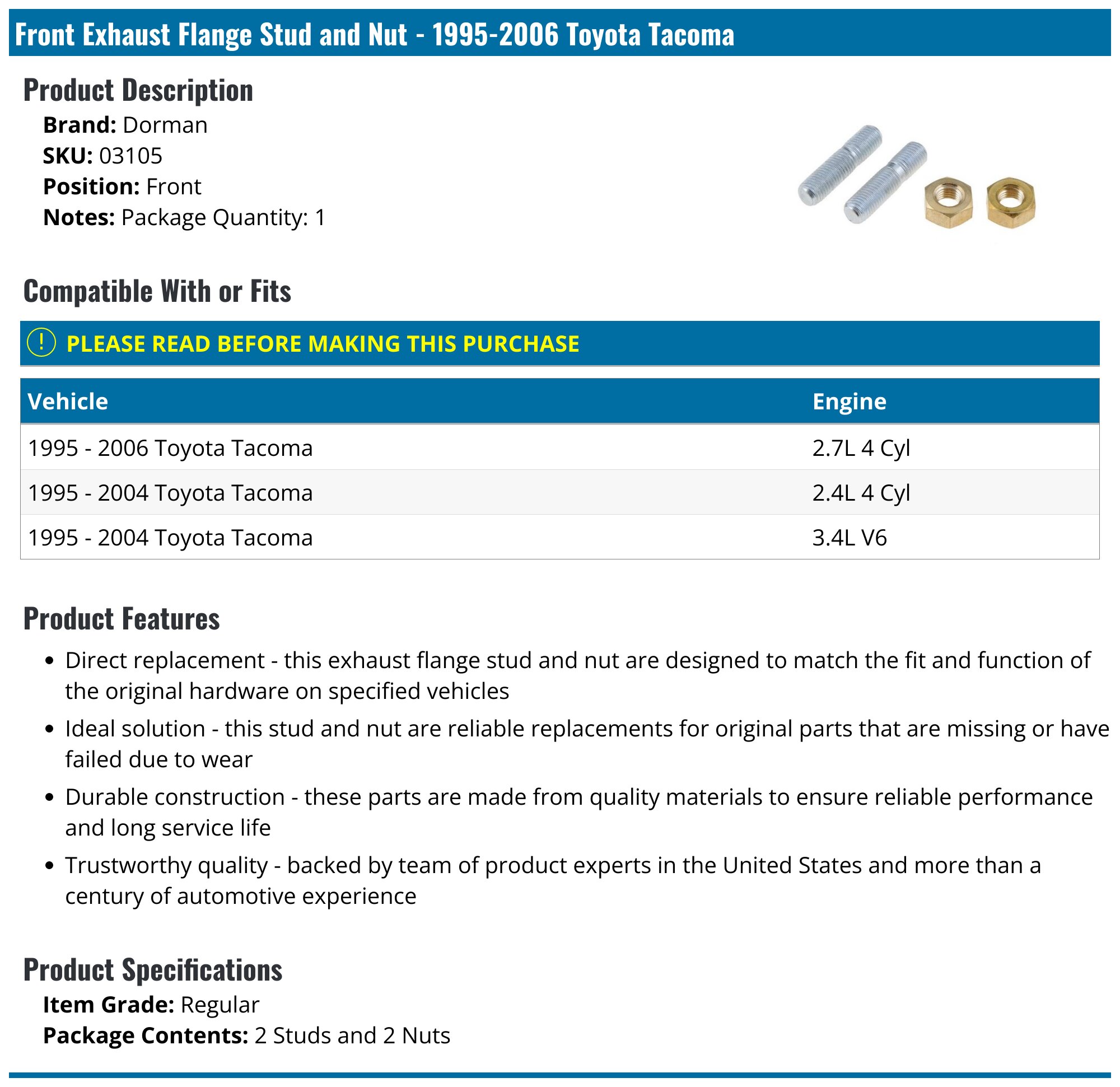 19952006 Toyota Exhaust Flange Stud and Nut Dorman 03105