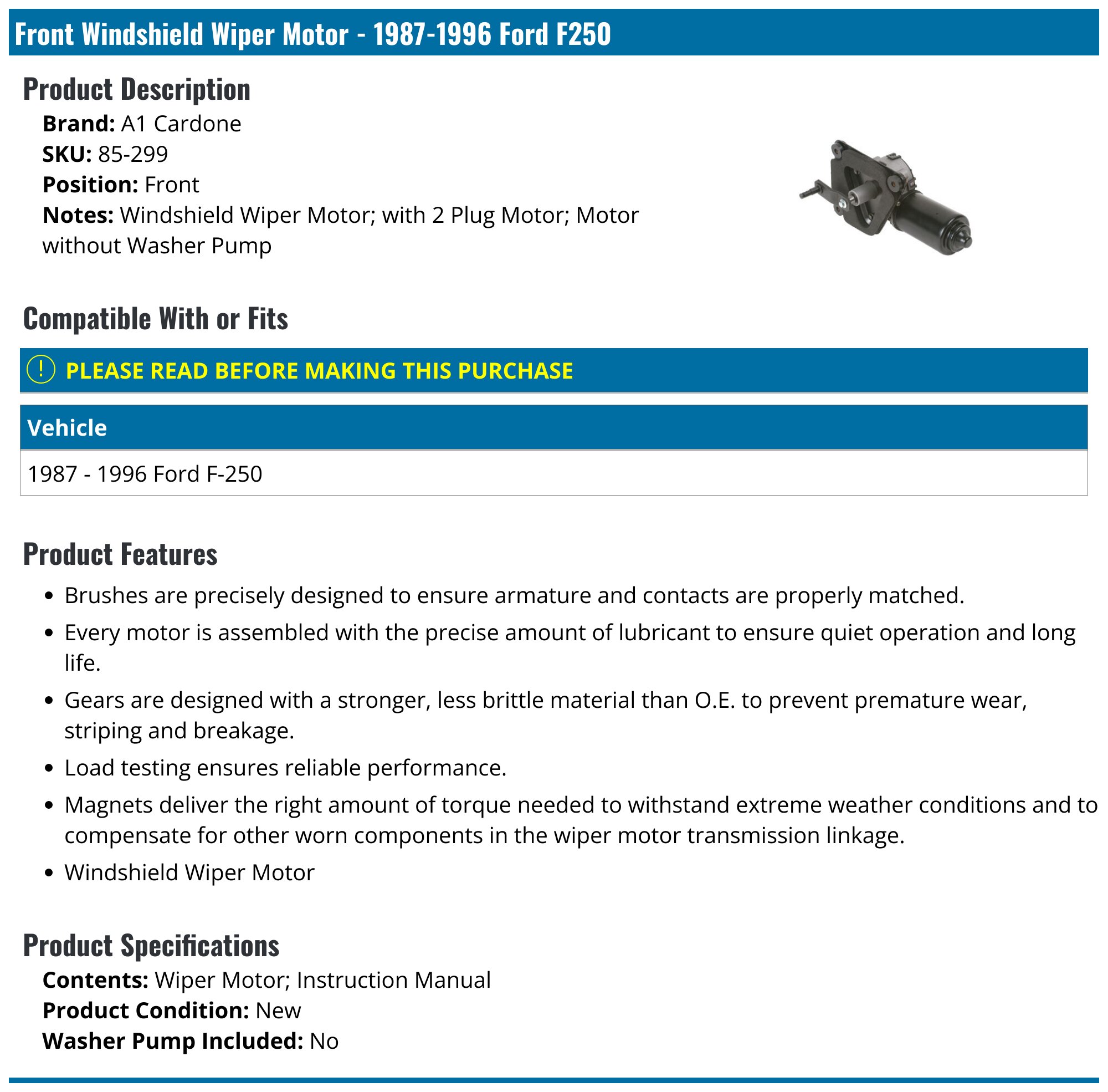 Ford Mercury Front Windshield Wiper Motor TRQ WMA10135