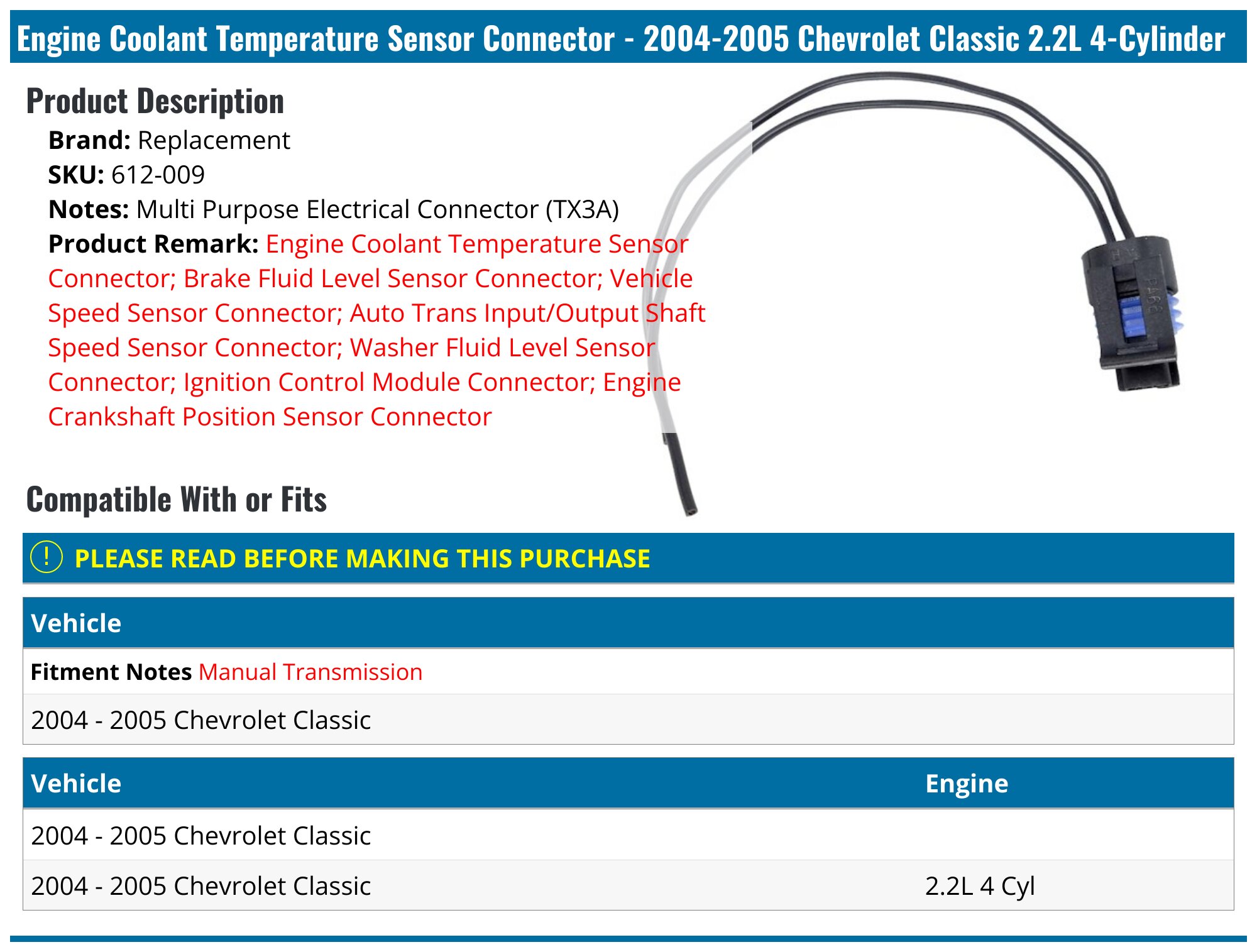 2004-2005 Chevrolet Classic Engine Coolant Temperature Sensor Connector ...