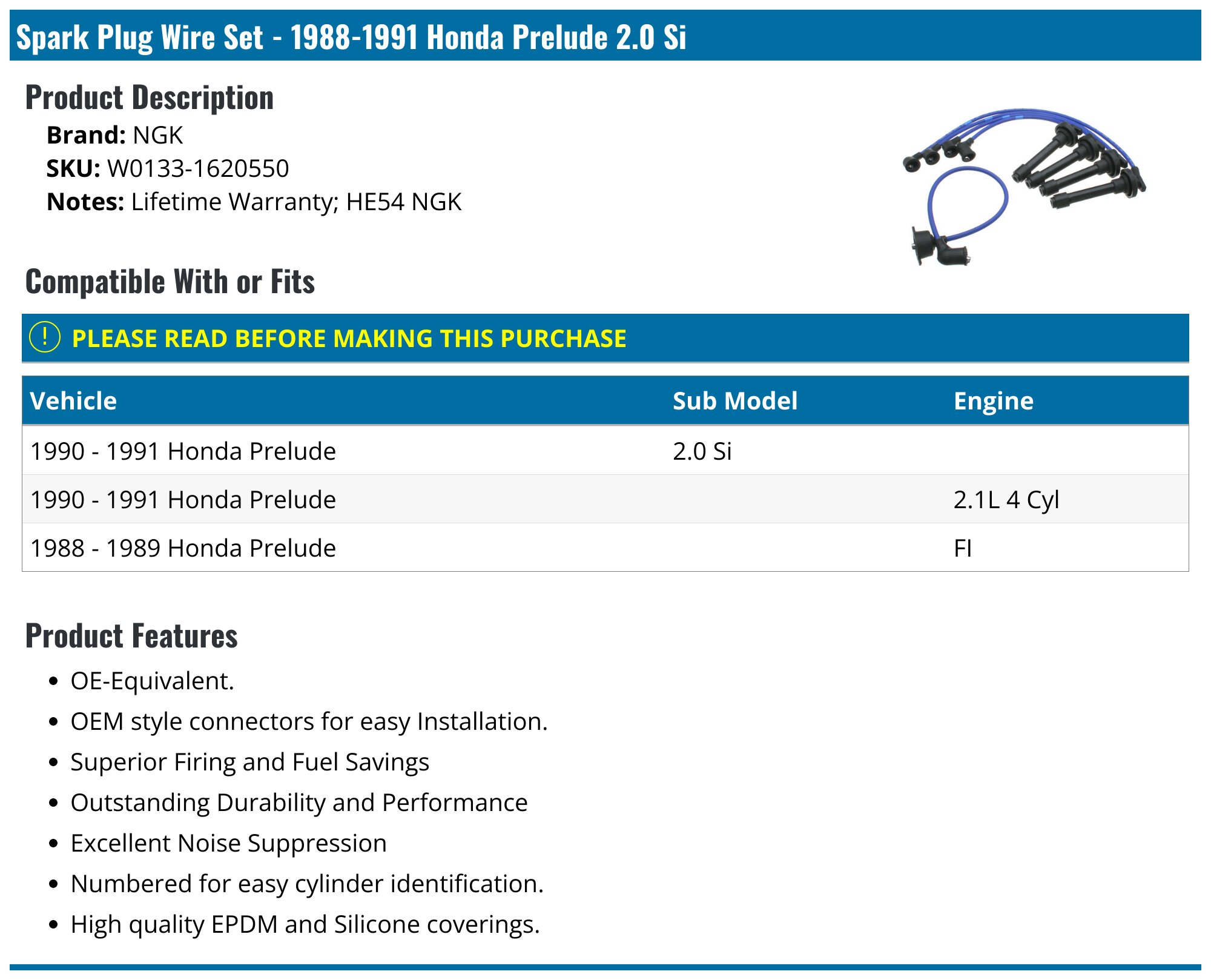 NGK RC-HE65 Spark Plug Wire Set For 1993-2001 Honda