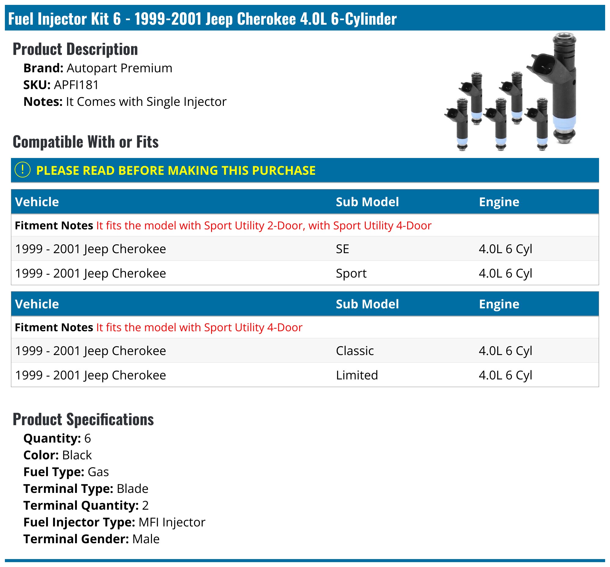 1999-2001 Jeep Cherokee Fuel Injector - Autopart Premium APFI181 ...