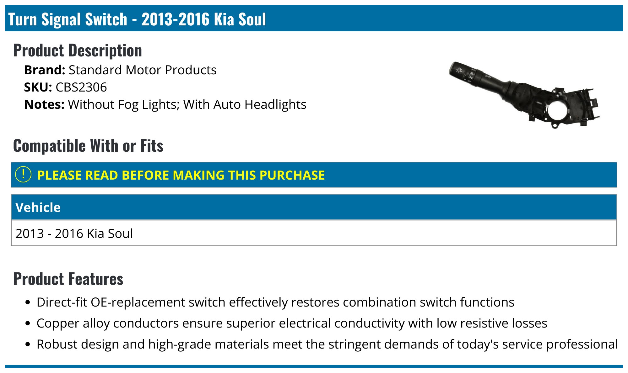 Turn Signal Switch For Kia Soul 2013-2019 (L4 1.6L & 2.0L) - Headlight & Signal Control